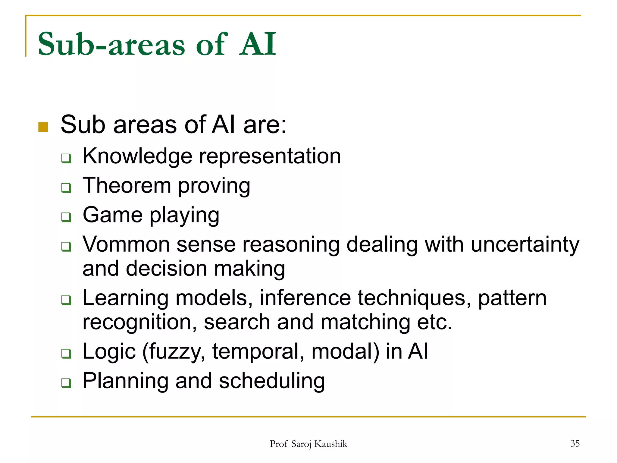 Prof Saroj Kaushik 35
Sub-areas of AI
 Sub areas of AI are:
 Knowledge representation
 Theorem proving
 Game playing
 Vommon sense reasoning dealing with uncertainty
and decision making
 Learning models, inference techniques, pattern
recognition, search and matching etc.
 Logic (fuzzy, temporal, modal) in AI
 Planning and scheduling
 