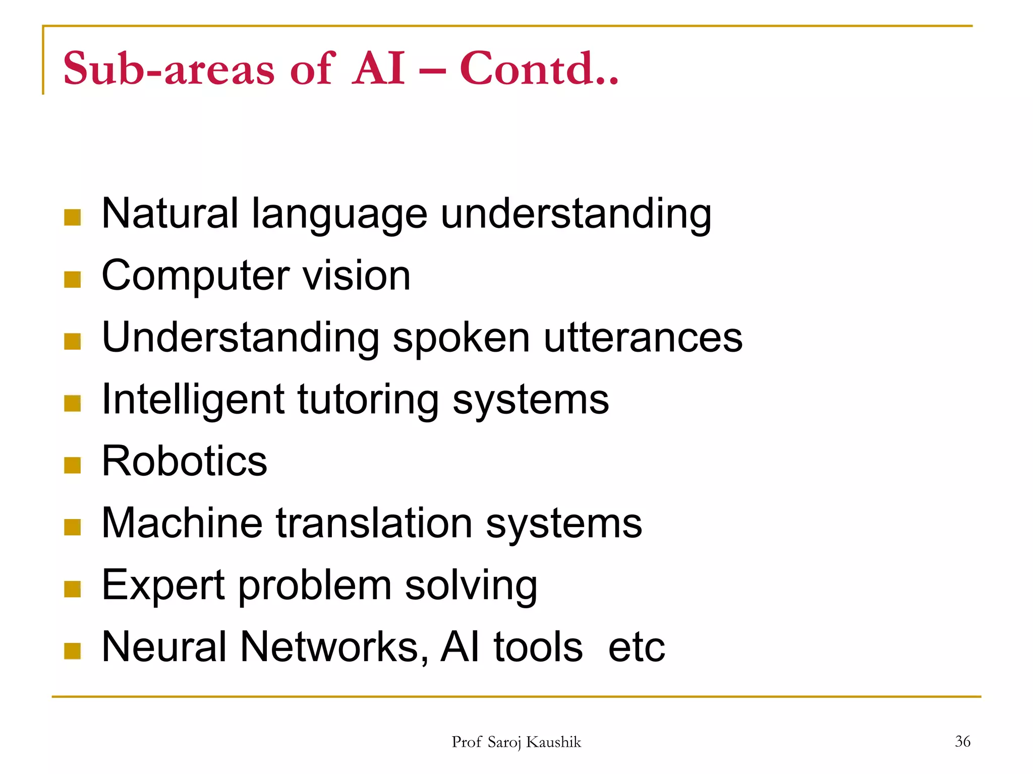 Prof Saroj Kaushik 36
Sub-areas of AI – Contd..
 Natural language understanding
 Computer vision
 Understanding spoken utterances
 Intelligent tutoring systems
 Robotics
 Machine translation systems
 Expert problem solving
 Neural Networks, AI tools etc
 