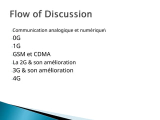 -Communication analogique et numérique
-0G
-1G
-GSM et CDMA
-La 2G & son amélioration
-3G & son amélioration
-4G
 