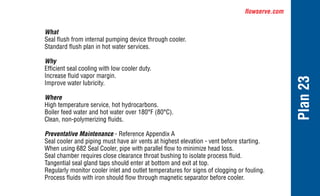 flowserve.com
Plan
23
What
Seal flush from internal pumping device through cooler.
Standard flush plan in hot water services.
Why
Efficient seal cooling with low cooler duty.
Increase fluid vapor margin.
Improve water lubricity.
Where
High temperature service, hot hydrocarbons.
Boiler feed water and hot water over 180°F (80°C).
Clean, non-polymerizing fluids.
Preventative Maintenance - Reference Appendix A
Seal cooler and piping must have air vents at highest elevation - vent before starting.
When using 682 Seal Cooler, pipe with parallel flow to minimize head loss.
Seal chamber requires close clearance throat bushing to isolate process fluid.
Tangential seal gland taps should enter at bottom and exit at top.
Regularly monitor cooler inlet and outlet temperatures for signs of clogging or fouling.
Process fluids with iron should flow through magnetic separator before cooler.
 