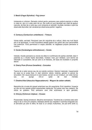 3. Beech (Fagus Sylvatica) - Fag comun
Intoleranta si criticism. Remediu indicat pentru persoane care pretind precizie si ordine
in viata lor, dar si in viata celor din jur. De multe ori sunt deranjati sau iritati de gesturi
marunte, de felul de a vorbi sau a se comporta al celorlalti. Acuitate mentala si spirit de
observatie dezvoltat, dar canalizat pe observarea partilor negative.
4. Centaury (Centaurium umbellatum) – Tintaura
Vointa slaba, serviabil. Persoane care din neputinta de a refuza, ofera mai mult decat
pot si se epuizeaza. In mod inconstient adopta gesturi sau pareri ale unor personalitati
mai puternice. Fiind permanent in slujba celorlalti, isi neglijeaza propria persoana si
misiune.
5. Cerato (Ceratostigma willmottianum) – Cerato
Indoiala. Aceste persoane au nevoie de sfaturi si confirmare din partea celorlalti, desi in
potential au o intuitie foarte dezvoltata. Vorbesc mult, pun intrebari, sunt dornici de
informatii si cunoastere, dar pe care nu le folosesc, din lipsa de incredere in propriile
decizii.
6. Cherry Plum (Prunus Cerasifera) – Corcodus
Teama de a ceda nervos sau de a-si pierde controlul. Ganduri irationale. Inspaimantat
de ceea ce ar putea face. In stari extreme: isterie, violenta, ganduri si pericol de
sinucidere. Din cauza tensiunii in care traiesc, se tem ca vor innebuni, vor ceda nervos
sau vor ajunge intr-un spital de boli mentale.
7. Chestnut Bud (Aesculus Hippocastanum) – Mugure de castan salbatic
Neputinta de a invata din greseli anterioare sau din experienta. Erori repetitive. Incearca
sa uite cat mai repede posibil experientele neplacute. Pot parea naivi sau neatenti. De
obicei se grabesc, fiind persoane care intai actioneaza si apoi gandesc.
8. Chicory (Cichorum intybus) – Cicoare
Posesivitate. Santaj emotional. Atitudine dominatoare. Tendinta de a controla viata celor
dragi si de a-i tine prin preajma. Asteapta atentie sau rasplata in schimbul dragostei sau
al serviciilor pe care le ofera, fie doar si un simplu multumesc. Se pot simti raniti cu
14
 