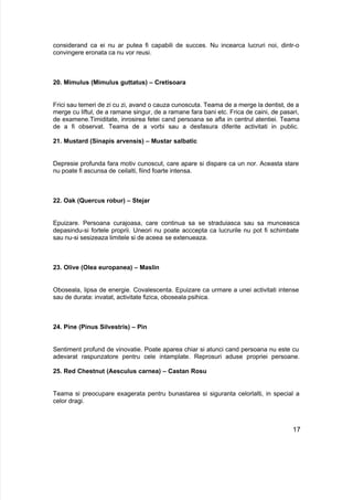 considerand ca ei nu ar putea fi capabili de succes. Nu incearca lucruri noi, dintr-o
convingere eronata ca nu vor reusi.
20. Mimulus (Mimulus guttatus) – Cretisoara
Frici sau temeri de zi cu zi, avand o cauza cunoscuta. Teama de a merge la dentist, de a
merge cu liftul, de a ramane singur, de a ramane fara bani etc. Frica de caini, de pasari,
de examene.Timiditate, inrosirea fetei cand persoana se afla in centrul atentiei. Teama
de a fi observat. Teama de a vorbi sau a desfasura diferite activitati in public.
21. Mustard (Sinapis arvensis) – Mustar salbatic
Depresie profunda fara motiv cunoscut, care apare si dispare ca un nor. Aceasta stare
nu poate fi ascunsa de ceilalti, fiind foarte intensa.
22. Oak (Quercus robur) – Stejar
Epuizare. Persoana curajoasa, care continua sa se straduiasca sau sa munceasca
depasindu-si fortele proprii. Uneori nu poate acccepta ca lucrurile nu pot fi schimbate
sau nu-si sesizeaza limitele si de aceea se extenueaza.
23. Olive (Olea europanea) – Maslin
Oboseala, lipsa de energie. Covalescenta. Epuizare ca urmare a unei activitati intense
sau de durata: invatat, activitate fizica, oboseala psihica.
24. Pine (Pinus Silvestris) – Pin
Sentiment profund de vinovatie. Poate aparea chiar si atunci cand persoana nu este cu
adevarat raspunzatore pentru cele intamplate. Reprosuri aduse propriei persoane.
25. Red Chestnut (Aesculus carnea) – Castan Rosu
Teama si preocupare exagerata pentru bunastarea si siguranta celorlalti, in special a
celor dragi.
17
 