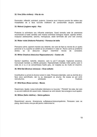 32. Vine (Vitis vinifera) – Vita de vie
Dominator, inflexibil, solicitant, puternic. Incearca sa-si impuna punctul de vedere sau
modalitatea de a face lucrurile indiferent de consecintele asupra celorlalti.
33. Walnut (Juglans regia) – Nuc
Protectie la schimbare sau influente exterioare. Acest remediu este de asemenea
recomandat la toate varstele care implica schimbari biologice majore: aparitia dintilor,
inceputul adolescentei, sarcina, menopauza, stadii terminale ale unor boli cronice.
34. Water violet (Hottonia Palustris) - Vioreaua de balta
Persoane calme, aparent mandre sau distante, dar care de fapt au nevoie de un spatiu
personal si nu suporta ca ceilalti sa se amestece in viata lor. Atunci cand au probleme
doresc sa se descurce singuri nesimtind nevoia de consolare.
35. White Chestnut (Aesculus Hippocastanum) – Castan alb
Ganduri repetitive, nedorite, obsesive, care nu pot fi alungate. Ingrijorare excesiva.
Conversatii mentale cu diferite persoane. Hiperactivitate mentala motiv pentru care in
viata de zi cu zi se concentreaza foarte greu, iar noaptea au de multe ori insomnii.
36. Wild Oat (Bromus ramosus) – Ovaz salbatic
Incertitudine cu privire la drumul corect in viata. Persoane talentate, care au dorinta de a
face ceva semnificativ, dar nu au descoperit ce anume. De aceea se pot simti
nemultumire, plictiseala sau frustrare.
37. Wild Rose (Rosa canina) – Maces
Resemnare. Apatie. Lipsa motivatiei interioare si a bucuriei. “ Plictisitii” de viata, dar care
nu se simt nefericiti din acest motiv. Adeseori se simt obositi, fara energie si sunt apatici.
38. Willow (Salix vitellina) – Salcia galbena
Resentiment ascuns. Amaraciune sufleteasca.Autocompatimire. Persoane care se
plang, dand mereu vina pe altii pentru nefericirea lor.
19
 