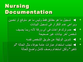 NursingNursing
DocumentationDocumentation
‫فق‬ ‫حقائق‬ ‫هو‬ ‫ما‬ ‫تسجيل‬ ◄‫فق‬ ‫حقائق‬ ‫هو‬ ‫ما‬ ‫تسجيل‬ ◄‫ط‬‫ط‬‫تخمين‬ ‫أو‬ ‫متوقع‬ ‫هو‬ ‫ما‬ ‫وليس‬‫تخمين‬ ‫أو‬ ‫متوقع‬ ‫هو‬ ‫ما‬ ‫وليس‬
‫البيانات‬ ‫تسجيل‬ ‫فى‬ ‫التكرار‬ ‫عدم‬ ‫ويراعى‬‫البيانات‬ ‫تسجيل‬ ‫فى‬ ‫التكرار‬ ‫عدم‬ ‫ويراعى‬
‫يضيف‬ ‫ربما‬ ‫لنه‬ ‫ورقة‬ ‫أى‬ ‫فى‬ ‫فراغات‬ ‫ترك‬ ‫عدم‬ ◄‫يضيف‬ ‫ربما‬ ‫لنه‬ ‫ورقة‬ ‫أى‬ ‫فى‬ ‫فراغات‬ ‫ترك‬ ‫عدم‬ ◄
‫صحيحة‬ ‫غير‬ ‫بيانات‬ ‫آطخر‬ ‫شخص‬‫صحيحة‬ ‫غير‬ ‫بيانات‬ ‫آطخر‬ ‫شخص‬
‫نفسه‬ ‫الشخص‬ ‫طريق‬ ‫عن‬ ‫الوثيقة‬ ‫تدوين‬ ◄‫نفسه‬ ‫الشخص‬ ‫طريق‬ ‫عن‬ ‫الوثيقة‬ ‫تدوين‬ ◄
‫لم‬ ‫الحالة‬ ‫مثل‬ ‫جوفاء‬ ‫عامة‬ ‫عبارات‬ ‫استخدام‬ ‫تجنب‬ ◄‫لم‬ ‫الحالة‬ ‫مثل‬ ‫جوفاء‬ ‫عامة‬ ‫عبارات‬ ‫استخدام‬ ‫تجنب‬ ◄
‫للحالة‬ ‫واضح‬ ‫كامل‬ ‫وصف‬ ‫استخدام‬ ‫ولكن‬ ‫تتغير‬‫للحالة‬ ‫واضح‬ ‫كامل‬ ‫وصف‬ ‫استخدام‬ ‫ولكن‬ ‫تتغير‬
 