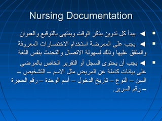 Nursing DocumentationNursing Documentation
‫والعنوان‬ ‫بالتوقيع‬ ‫وينتهى‬ ‫الوقت‬ ‫بذكر‬ ‫تدوين‬ ‫كل‬ ‫يبدأ‬ ◄‫والعنوان‬ ‫بالتوقيع‬ ‫وينتهى‬ ‫الوقت‬ ‫بذكر‬ ‫تدوين‬ ‫كل‬ ‫يبدأ‬ ◄
‫المعروفة‬ ‫الطختصارات‬ ‫استخدام‬ ‫الممرضة‬ ‫على‬ ‫يجب‬ ◄‫المعروفة‬ ‫الطختصارات‬ ‫استخدام‬ ‫الممرضة‬ ‫على‬ ‫يجب‬ ◄
‫اللغة‬ ‫بنفس‬ ‫والتحدث‬ ‫التصال‬ ‫لسهولة‬ ‫وذلك‬ ‫عليها‬ ‫والمتفق‬‫اللغة‬ ‫بنفس‬ ‫والتحدث‬ ‫التصال‬ ‫لسهولة‬ ‫وذلك‬ ‫عليها‬ ‫والمتفق‬
‫بالمرضى‬ ‫الخاص‬ ‫التقرير‬ ‫أو‬ ‫السجل‬ ‫يحتوى‬ ‫أن‬ ‫يجب‬ ◄‫بالمرضى‬ ‫الخاص‬ ‫التقرير‬ ‫أو‬ ‫السجل‬ ‫يحتوى‬ ‫أن‬ ‫يجب‬ ◄
– ‫التشخيص‬ – ‫السم‬ ‫مثل‬ ‫المريض‬ ‫عن‬ ‫كاملة‬ ‫بيانات‬ ‫على‬– ‫التشخيص‬ – ‫السم‬ ‫مثل‬ ‫المريض‬ ‫عن‬ ‫كاملة‬ ‫بيانات‬ ‫على‬
‫الحجرة‬ ‫رقم‬ – ‫الوحدة‬ ‫أسم‬ – ‫الدطخول‬ ‫تاريخ‬ – ‫النوع‬ – ‫السن‬‫الحجرة‬ ‫رقم‬ – ‫الوحدة‬ ‫أسم‬ – ‫الدطخول‬ ‫تاريخ‬ – ‫النوع‬ – ‫السن‬
.‫السرير‬ ‫رقم‬ –.‫السرير‬ ‫رقم‬ –
 