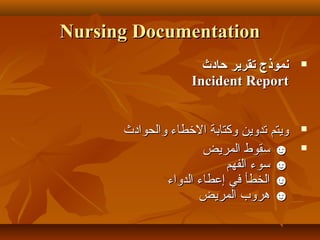 Nursing DocumentationNursing Documentation
‫ظحادث‬ ‫تقرير‬ ‫نموذج‬‫ظحادث‬ ‫تقرير‬ ‫نموذج‬
Incident ReportIncident Report
‫والحوادث‬ ‫الخطاء‬ ‫وكتابة‬ ‫تدوين‬ ‫ويتم‬‫والحوادث‬ ‫الخطاء‬ ‫وكتابة‬ ‫تدوين‬ ‫ويتم‬
☻☻‫المريض‬ ‫سقوط‬‫المريض‬ ‫سقوط‬
☻☻‫الفهم‬ ‫سوء‬‫الفهم‬ ‫سوء‬
☻☻‫الدواء‬ ‫إعطاء‬ ‫في‬ ‫الخطأ‬‫الدواء‬ ‫إعطاء‬ ‫في‬ ‫الخطأ‬
☻☻‫المريض‬ ‫هروب‬‫المريض‬ ‫هروب‬
 