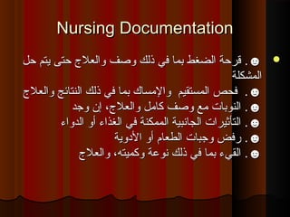 Nursing DocumentationNursing Documentation
☻☻..‫حل‬ ‫يتم‬ ‫حتى‬ ‫والعل ج‬ ‫وصف‬ ‫ذلك‬ ‫في‬ ‫بما‬ ‫الضغط‬ ‫قرحة‬‫حل‬ ‫يتم‬ ‫حتى‬ ‫والعل ج‬ ‫وصف‬ ‫ذلك‬ ‫في‬ ‫بما‬ ‫الضغط‬ ‫قرحة‬
‫المشكلة‬‫المشكلة‬
☻☻..‫والعل ج‬ ‫النتائج‬ ‫ذلك‬ ‫في‬ ‫بما‬ ‫والمساك‬ ‫المستقيم‬ ‫فحص‬‫والعل ج‬ ‫النتائج‬ ‫ذلك‬ ‫في‬ ‫بما‬ ‫والمساك‬ ‫المستقيم‬ ‫فحص‬
☻☻..‫ورجد‬ ‫إن‬ ،‫والعل ج‬ ‫كامل‬ ‫وصف‬ ‫مع‬ ‫النوبات‬‫ورجد‬ ‫إن‬ ،‫والعل ج‬ ‫كامل‬ ‫وصف‬ ‫مع‬ ‫النوبات‬
☻☻..‫الدواء‬ ‫أو‬ ‫الغذاء‬ ‫في‬ ‫الممكنة‬ ‫الجانبية‬ ‫التأثيرات‬‫الدواء‬ ‫أو‬ ‫الغذاء‬ ‫في‬ ‫الممكنة‬ ‫الجانبية‬ ‫التأثيرات‬
☻☻..‫الدوية‬ ‫أو‬ ‫الطعام‬ ‫ورجبات‬ ‫رفض‬‫الدوية‬ ‫أو‬ ‫الطعام‬ ‫ورجبات‬ ‫رفض‬
☻☻..‫والعل ج‬ ،‫وكميته‬ ‫نوعة‬ ‫ذلك‬ ‫في‬ ‫بما‬ ‫القيء‬‫والعل ج‬ ،‫وكميته‬ ‫نوعة‬ ‫ذلك‬ ‫في‬ ‫بما‬ ‫القيء‬
 