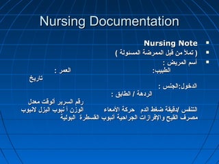 Nursing DocumentationNursing Documentation
Nursing NoteNursing Note
( ‫المسئولة‬ ‫الممرضة‬ ‫قبل‬ ‫من‬ ‫تمل‬ )( ‫المسئولة‬ ‫الممرضة‬ ‫قبل‬ ‫من‬ ‫تمل‬ )
: ‫المريض‬ ‫أسم‬: ‫المريض‬ ‫أسم‬
: ‫العمر‬ :‫الطبيب‬: ‫العمر‬ :‫الطبيب‬
‫تاريخ‬‫تاريخ‬
: ‫الدخول:الجنس‬: ‫الدخول:الجنس‬
: ‫الطابق‬ / ‫الردهة‬: ‫الطابق‬ / ‫الردهة‬
‫معدل‬ ‫ألوقت‬ ‫السرير‬ ‫رقم‬‫معدل‬ ‫ألوقت‬ ‫السرير‬ ‫رقم‬
‫لبنبوب‬ ‫البزل‬ ‫بنبوب‬ ‫أ‬ ‫الوزن‬ ‫المعاء‬ ‫ظحركة‬ ‫الدم‬ ‫ضغط‬ ‫/دقيقة‬ ‫التنفس‬‫لبنبوب‬ ‫البزل‬ ‫بنبوب‬ ‫أ‬ ‫الوزن‬ ‫المعاء‬ ‫ظحركة‬ ‫الدم‬ ‫ضغط‬ ‫/دقيقة‬ ‫التنفس‬
‫البولية‬ ‫القسطرة‬ ‫أبنبوب‬ ‫الجراظحية‬ ‫والرفرازا ت‬ ‫القيح‬ ‫مصرف‬‫البولية‬ ‫القسطرة‬ ‫أبنبوب‬ ‫الجراظحية‬ ‫والرفرازا ت‬ ‫القيح‬ ‫مصرف‬
 