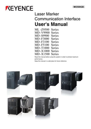 Read this manual before using the system in order to achieve maximum
performance.
Keep this manual in a safe place for future reference.
User's Manual
ML -Z9500 Series
MD -V9900 Series
MD -S9900 Series
MD -F3000 Series
MD -F3100 Series
MD -F5100 Series
MD -T1000 Series
MD -X1000 Series
MD -X1500 Series
Laser Marker
Communication Interface
MO508GB
 