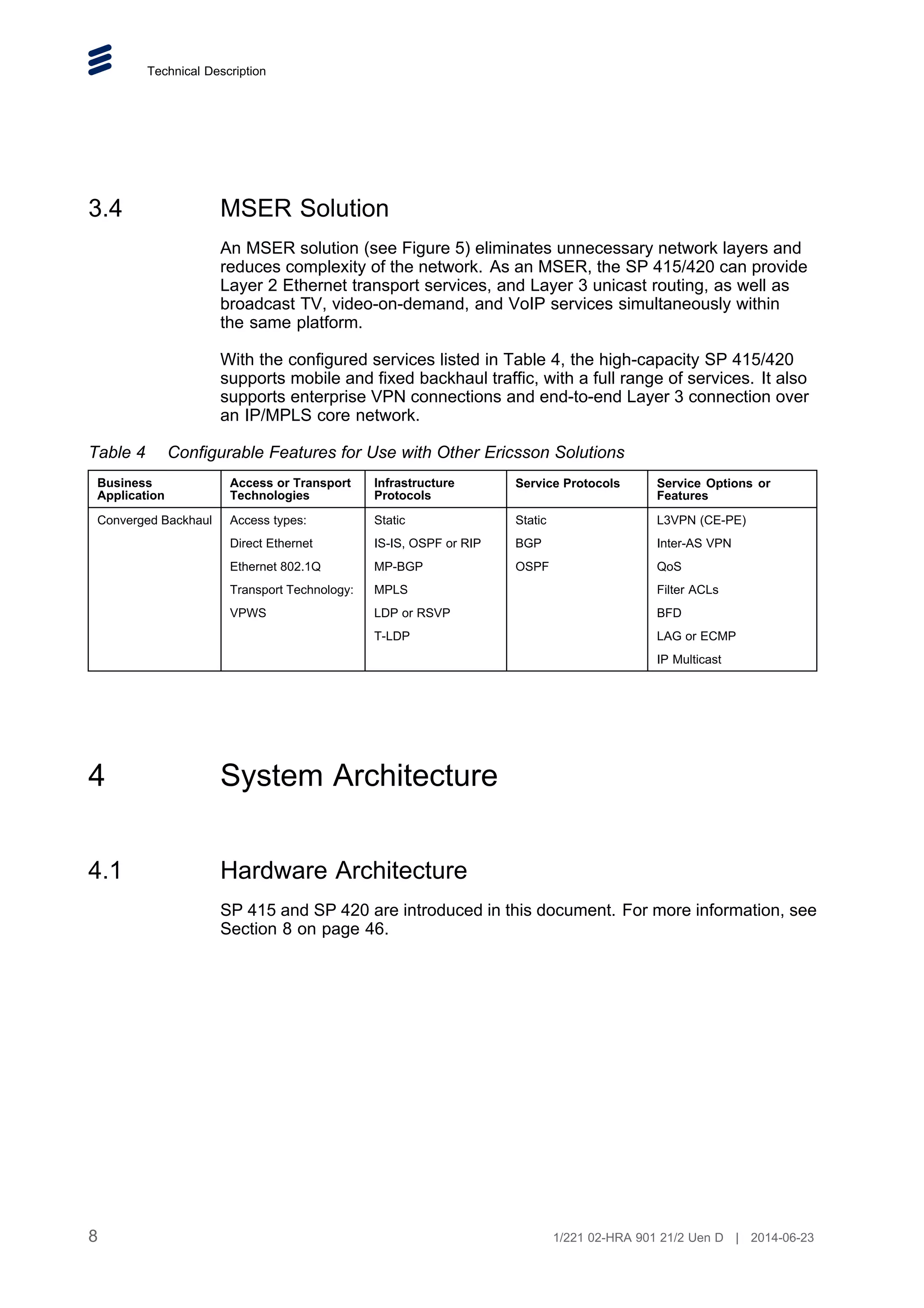 Technical Description
3.4 MSER Solution
An MSER solution (see Figure 5) eliminates unnecessary network layers and
reduces complexity of the network. As an MSER, the SP 415/420 can provide
Layer 2 Ethernet transport services, and Layer 3 unicast routing, as well as
broadcast TV, video-on-demand, and VoIP services simultaneously within
the same platform.
With the configured services listed in Table 4, the high-capacity SP 415/420
supports mobile and fixed backhaul traffic, with a full range of services. It also
supports enterprise VPN connections and end-to-end Layer 3 connection over
an IP/MPLS core network.
Table 4 Configurable Features for Use with Other Ericsson Solutions
Business
Application
Access or Transport
Technologies
Infrastructure
Protocols
Service Protocols Service Options or
Features
Converged Backhaul Access types:
Direct Ethernet
Ethernet 802.1Q
Transport Technology:
VPWS
Static
IS-IS, OSPF or RIP
MP-BGP
MPLS
LDP or RSVP
T-LDP
Static
BGP
OSPF
L3VPN (CE-PE)
Inter-AS VPN
QoS
Filter ACLs
BFD
LAG or ECMP
IP Multicast
4 System Architecture
4.1 Hardware Architecture
SP 415 and SP 420 are introduced in this document. For more information, see
Section 8 on page 46.
8 1/221 02-HRA 901 21/2 Uen D | 2014-06-23
 
