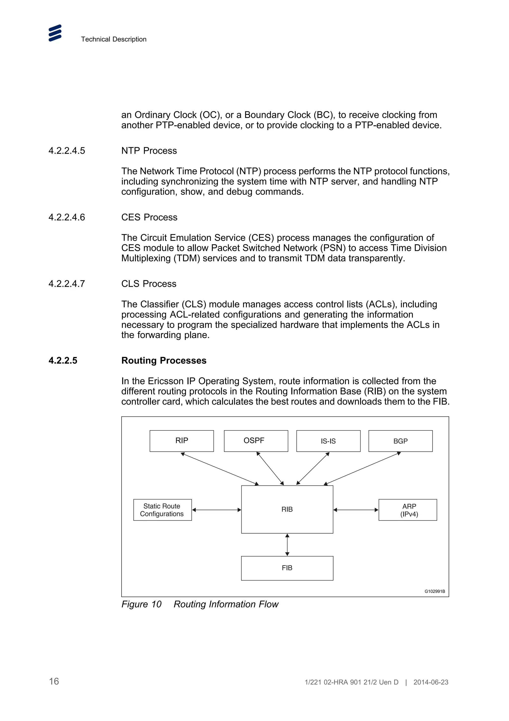 Technical Description
an Ordinary Clock (OC), or a Boundary Clock (BC), to receive clocking from
another PTP-enabled device, or to provide clocking to a PTP-enabled device.
4.2.2.4.5 NTP Process
The Network Time Protocol (NTP) process performs the NTP protocol functions,
including synchronizing the system time with NTP server, and handling NTP
configuration, show, and debug commands.
4.2.2.4.6 CES Process
The Circuit Emulation Service (CES) process manages the configuration of
CES module to allow Packet Switched Network (PSN) to access Time Division
Multiplexing (TDM) services and to transmit TDM data transparently.
4.2.2.4.7 CLS Process
The Classifier (CLS) module manages access control lists (ACLs), including
processing ACL-related configurations and generating the information
necessary to program the specialized hardware that implements the ACLs in
the forwarding plane.
4.2.2.5 Routing Processes
In the Ericsson IP Operating System, route information is collected from the
different routing protocols in the Routing Information Base (RIB) on the system
controller card, which calculates the best routes and downloads them to the FIB.
G102991B
OSPF
RIP
Figure 10 Routing Information Flow
16 1/221 02-HRA 901 21/2 Uen D | 2014-06-23
 