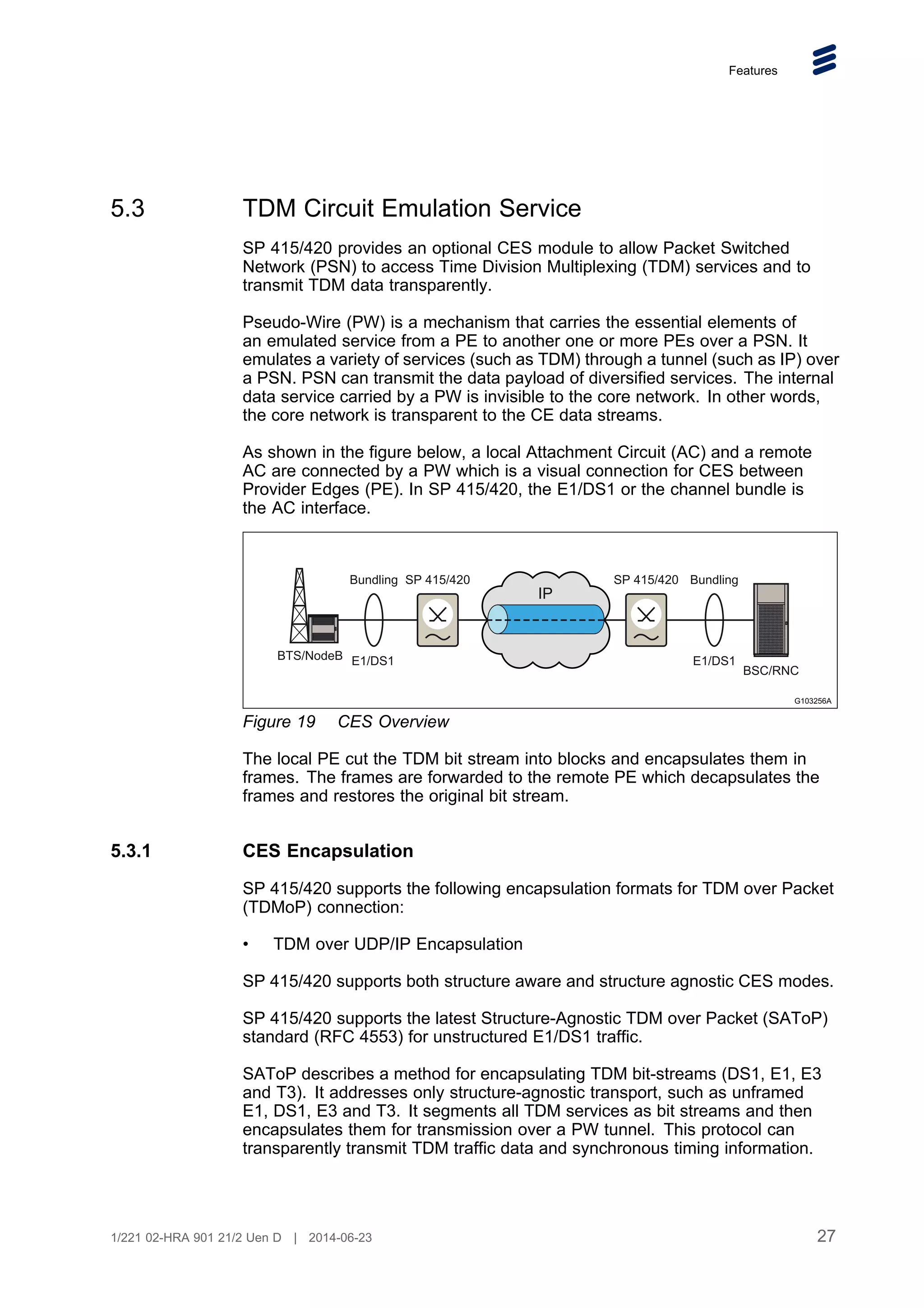 Features
5.3 TDM Circuit Emulation Service
SP 415/420 provides an optional CES module to allow Packet Switched
Network (PSN) to access Time Division Multiplexing (TDM) services and to
transmit TDM data transparently.
Pseudo-Wire (PW) is a mechanism that carries the essential elements of
an emulated service from a PE to another one or more PEs over a PSN. It
emulates a variety of services (such as TDM) through a tunnel (such as IP) over
a PSN. PSN can transmit the data payload of diversified services. The internal
data service carried by a PW is invisible to the core network. In other words,
the core network is transparent to the CE data streams.
As shown in the figure below, a local Attachment Circuit (AC) and a remote
AC are connected by a PW which is a visual connection for CES between
Provider Edges (PE). In SP 415/420, the E1/DS1 or the channel bundle is
the AC interface.
Bundling
IP
SP 415/420 SP 415/420
E1/DS1
Bundling
E1/DS1
BSC/RNC
BTS/NodeB
G103256A
Figure 19 CES Overview
The local PE cut the TDM bit stream into blocks and encapsulates them in
frames. The frames are forwarded to the remote PE which decapsulates the
frames and restores the original bit stream.
5.3.1 CES Encapsulation
SP 415/420 supports the following encapsulation formats for TDM over Packet
(TDMoP) connection:
• TDM over UDP/IP Encapsulation
SP 415/420 supports both structure aware and structure agnostic CES modes.
SP 415/420 supports the latest Structure-Agnostic TDM over Packet (SAToP)
standard (RFC 4553) for unstructured E1/DS1 traffic.
SAToP describes a method for encapsulating TDM bit-streams (DS1, E1, E3
and T3). It addresses only structure-agnostic transport, such as unframed
E1, DS1, E3 and T3. It segments all TDM services as bit streams and then
encapsulates them for transmission over a PW tunnel. This protocol can
transparently transmit TDM traffic data and synchronous timing information.
27
1/221 02-HRA 901 21/2 Uen D | 2014-06-23
 