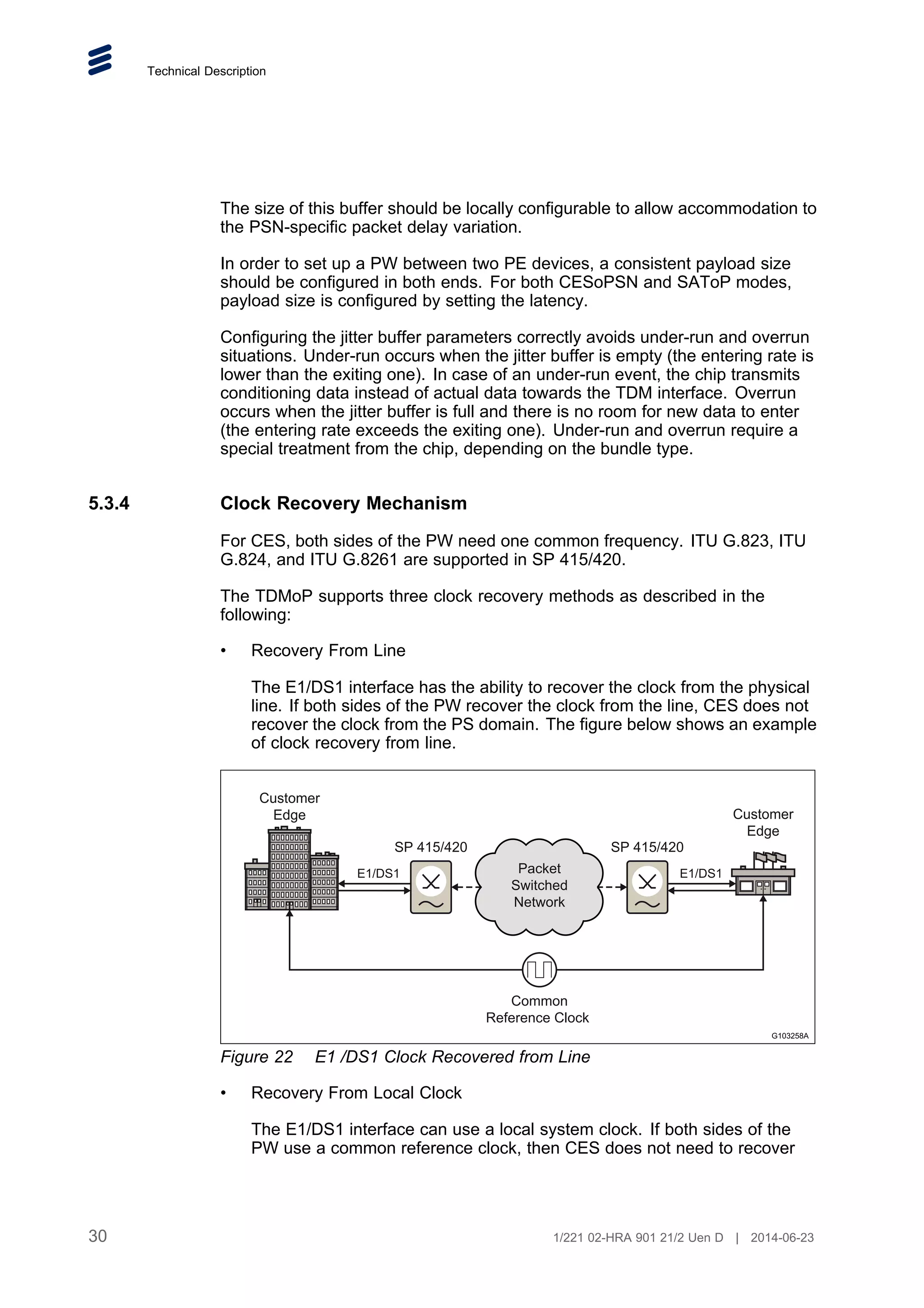 Technical Description
The size of this buffer should be locally configurable to allow accommodation to
the PSN-specific packet delay variation.
In order to set up a PW between two PE devices, a consistent payload size
should be configured in both ends. For both CESoPSN and SAToP modes,
payload size is configured by setting the latency.
Configuring the jitter buffer parameters correctly avoids under-run and overrun
situations. Under-run occurs when the jitter buffer is empty (the entering rate is
lower than the exiting one). In case of an under-run event, the chip transmits
conditioning data instead of actual data towards the TDM interface. Overrun
occurs when the jitter buffer is full and there is no room for new data to enter
(the entering rate exceeds the exiting one). Under-run and overrun require a
special treatment from the chip, depending on the bundle type.
5.3.4 Clock Recovery Mechanism
For CES, both sides of the PW need one common frequency. ITU G.823, ITU
G.824, and ITU G.8261 are supported in SP 415/420.
The TDMoP supports three clock recovery methods as described in the
following:
• Recovery From Line
The E1/DS1 interface has the ability to recover the clock from the physical
line. If both sides of the PW recover the clock from the line, CES does not
recover the clock from the PS domain. The figure below shows an example
of clock recovery from line.
Customer
Edge
Customer
Edge
Common
Reference Clock
Packet
Switched
Network
G103258A
E1/DS1 E1/DS1
SP 415/420 SP 415/420
Figure 22 E1 /DS1 Clock Recovered from Line
• Recovery From Local Clock
The E1/DS1 interface can use a local system clock. If both sides of the
PW use a common reference clock, then CES does not need to recover
30 1/221 02-HRA 901 21/2 Uen D | 2014-06-23
 