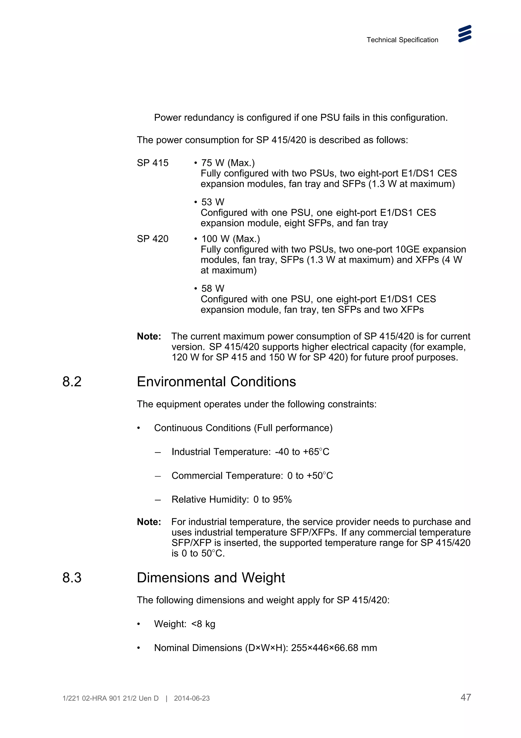 Technical Specification
Power redundancy is configured if one PSU fails in this configuration.
The power consumption for SP 415/420 is described as follows:
SP 415 • 75 W (Max.)
Fully configured with two PSUs, two eight-port E1/DS1 CES
expansion modules, fan tray and SFPs (1.3 W at maximum)
• 53 W
Configured with one PSU, one eight-port E1/DS1 CES
expansion module, eight SFPs, and fan tray
SP 420 • 100 W (Max.)
Fully configured with two PSUs, two one-port 10GE expansion
modules, fan tray, SFPs (1.3 W at maximum) and XFPs (4 W
at maximum)
• 58 W
Configured with one PSU, one eight-port E1/DS1 CES
expansion module, fan tray, ten SFPs and two XFPs
Note: The current maximum power consumption of SP 415/420 is for current
version. SP 415/420 supports higher electrical capacity (for example,
120 W for SP 415 and 150 W for SP 420) for future proof purposes.
8.2 Environmental Conditions
The equipment operates under the following constraints:
• Continuous Conditions (Full performance)
Industrial Temperature: -40 to +65
C
Commercial Temperature: 0 to +50
C
Relative Humidity: 0 to 95%
Note: For industrial temperature, the service provider needs to purchase and
uses industrial temperature SFP/XFPs. If any commercial temperature
SFP/XFP is inserted, the supported temperature range for SP 415/420
is 0 to 50
C.
8.3 Dimensions and Weight
The following dimensions and weight apply for SP 415/420:
• Weight: 8 kg
• Nominal Dimensions (D×W×H): 255×446×66.68 mm
47
1/221 02-HRA 901 21/2 Uen D | 2014-06-23
 