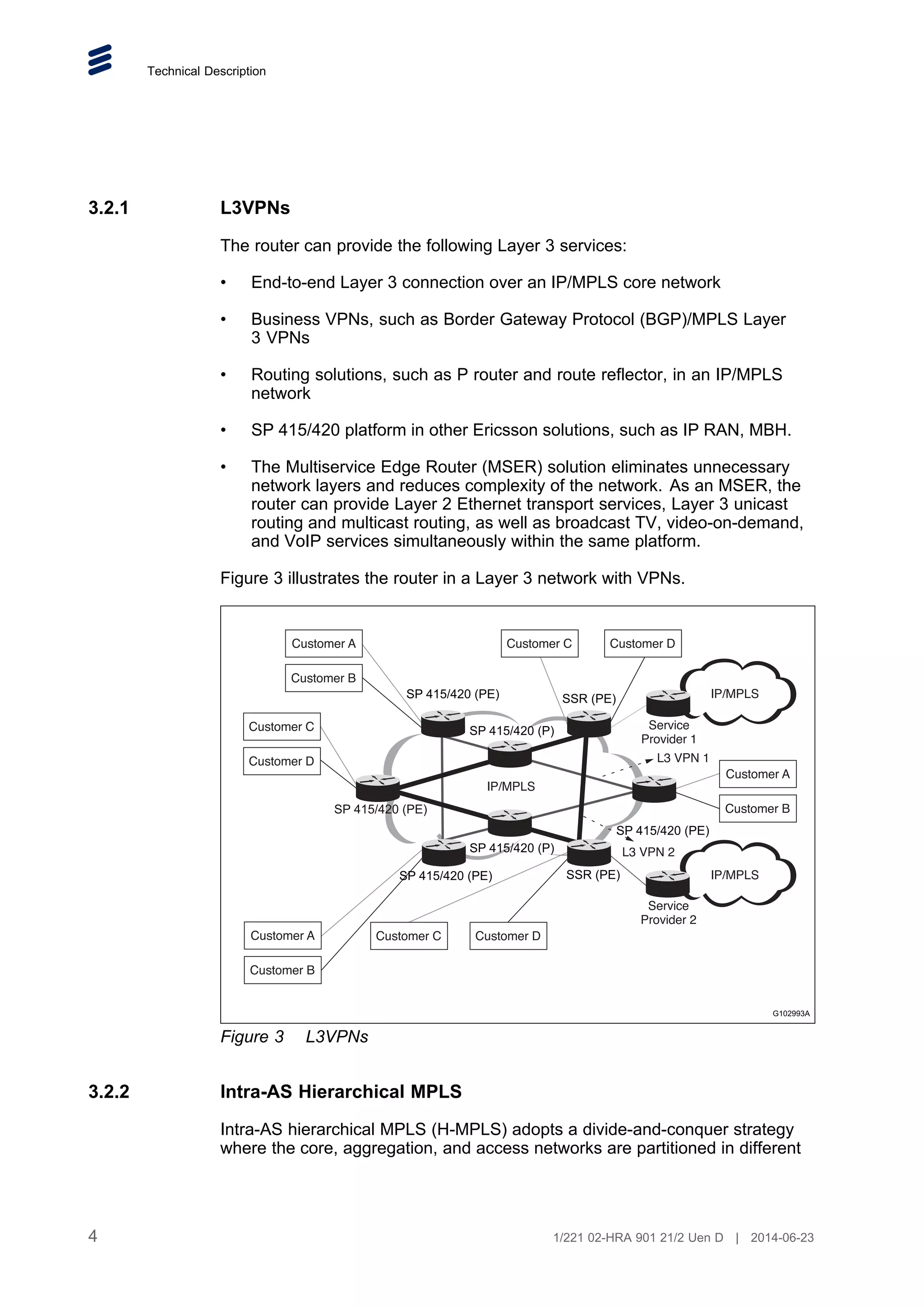 Technical Description
3.2.1 L3VPNs
The router can provide the following Layer 3 services:
• End-to-end Layer 3 connection over an IP/MPLS core network
• Business VPNs, such as Border Gateway Protocol (BGP)/MPLS Layer
3 VPNs
• Routing solutions, such as P router and route reflector, in an IP/MPLS
network
• SP 415/420 platform in other Ericsson solutions, such as IP RAN, MBH.
• The Multiservice Edge Router (MSER) solution eliminates unnecessary
network layers and reduces complexity of the network. As an MSER, the
router can provide Layer 2 Ethernet transport services, Layer 3 unicast
routing and multicast routing, as well as broadcast TV, video-on-demand,
and VoIP services simultaneously within the same platform.
Figure 3 illustrates the router in a Layer 3 network with VPNs.
G102993A
SP 415/420 (PE)
SP 415/420 (P)
SP 415/420 (P)
SP 415/420 (PE) SSR (PE)
SP 415/420 (PE)
SSR (PE)
SP 415/420 (PE)
Figure 3 L3VPNs
3.2.2 Intra-AS Hierarchical MPLS
Intra-AS hierarchical MPLS (H-MPLS) adopts a divide-and-conquer strategy
where the core, aggregation, and access networks are partitioned in different
4 1/221 02-HRA 901 21/2 Uen D | 2014-06-23
 