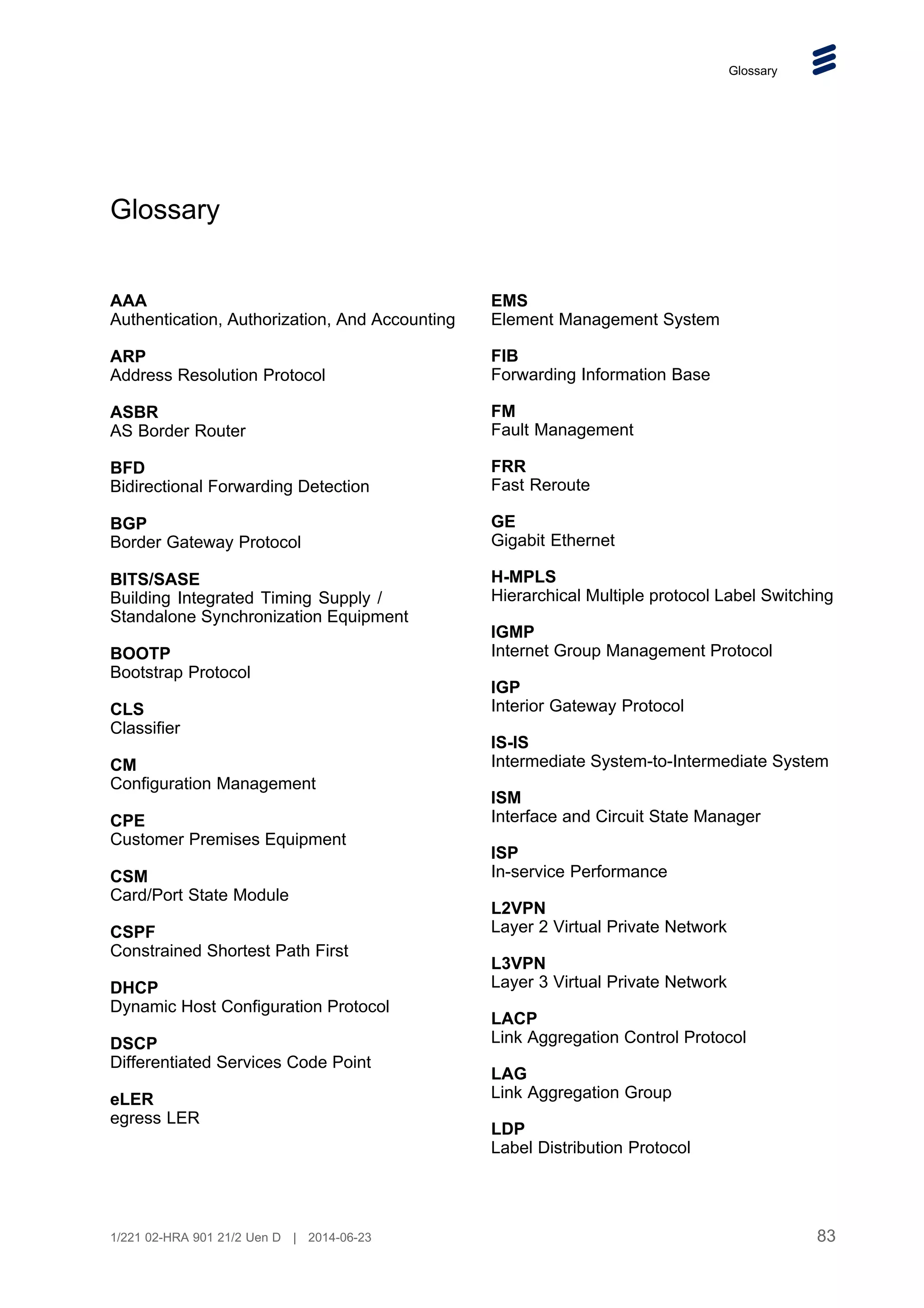 Glossary
Glossary
AAA
Authentication, Authorization, And Accounting
ARP
Address Resolution Protocol
ASBR
AS Border Router
BFD
Bidirectional Forwarding Detection
BGP
Border Gateway Protocol
BITS/SASE
Building Integrated Timing Supply /
Standalone Synchronization Equipment
BOOTP
Bootstrap Protocol
CLS
Classifier
CM
Configuration Management
CPE
Customer Premises Equipment
CSM
Card/Port State Module
CSPF
Constrained Shortest Path First
DHCP
Dynamic Host Configuration Protocol
DSCP
Differentiated Services Code Point
eLER
egress LER
EMS
Element Management System
FIB
Forwarding Information Base
FM
Fault Management
FRR
Fast Reroute
GE
Gigabit Ethernet
H-MPLS
Hierarchical Multiple protocol Label Switching
IGMP
Internet Group Management Protocol
IGP
Interior Gateway Protocol
IS-IS
Intermediate System-to-Intermediate System
ISM
Interface and Circuit State Manager
ISP
In-service Performance
L2VPN
Layer 2 Virtual Private Network
L3VPN
Layer 3 Virtual Private Network
LACP
Link Aggregation Control Protocol
LAG
Link Aggregation Group
LDP
Label Distribution Protocol
83
1/221 02-HRA 901 21/2 Uen D | 2014-06-23
 