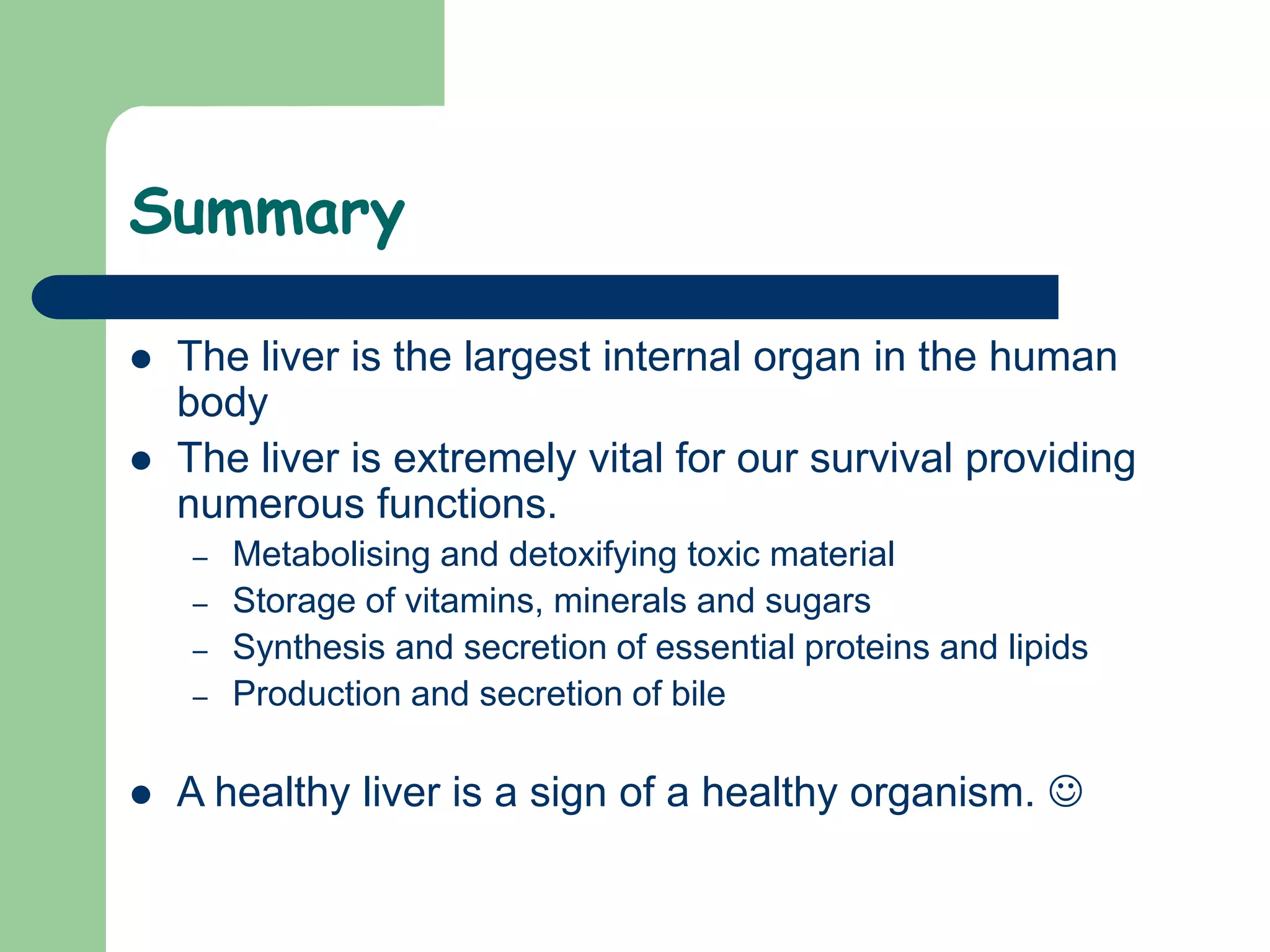 Summary
 The liver is the largest internal organ in the human
body
 The liver is extremely vital for our survival providing
numerous functions.
– Metabolising and detoxifying toxic material
– Storage of vitamins, minerals and sugars
– Synthesis and secretion of essential proteins and lipids
– Production and secretion of bile
 A healthy liver is a sign of a healthy organism. 
 