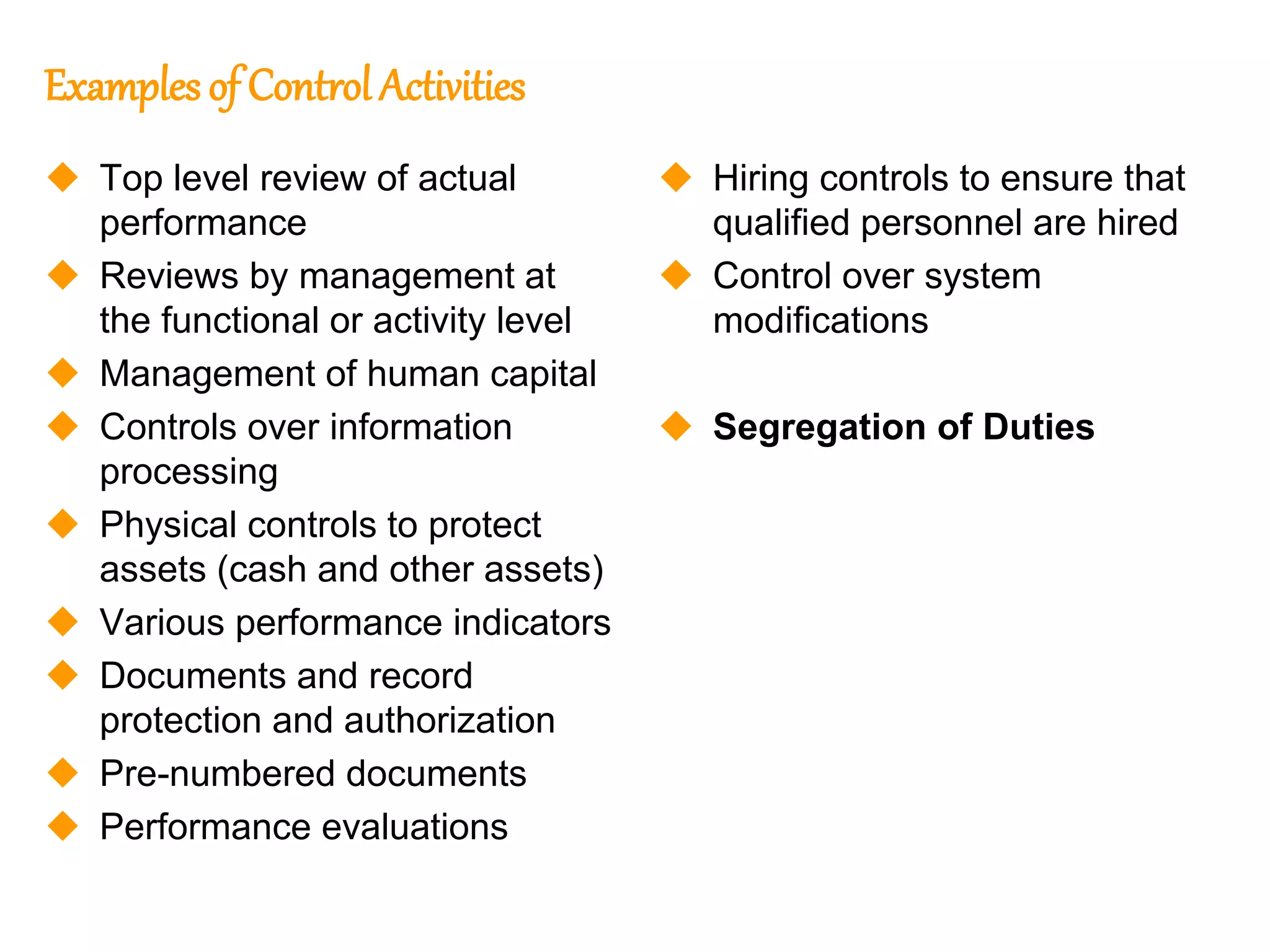 198
198
Examples of Control Activities
 Top level review of actual
performance
 Reviews by management at
the functional or activity level
 Management of human capital
 Controls over information
processing
 Physical controls to protect
assets (cash and other assets)
 Various performance indicators
 Documents and record
protection and authorization
 Pre-numbered documents
 Performance evaluations
 Hiring controls to ensure that
qualified personnel are hired
 Control over system
modifications
 Segregation of Duties
 
