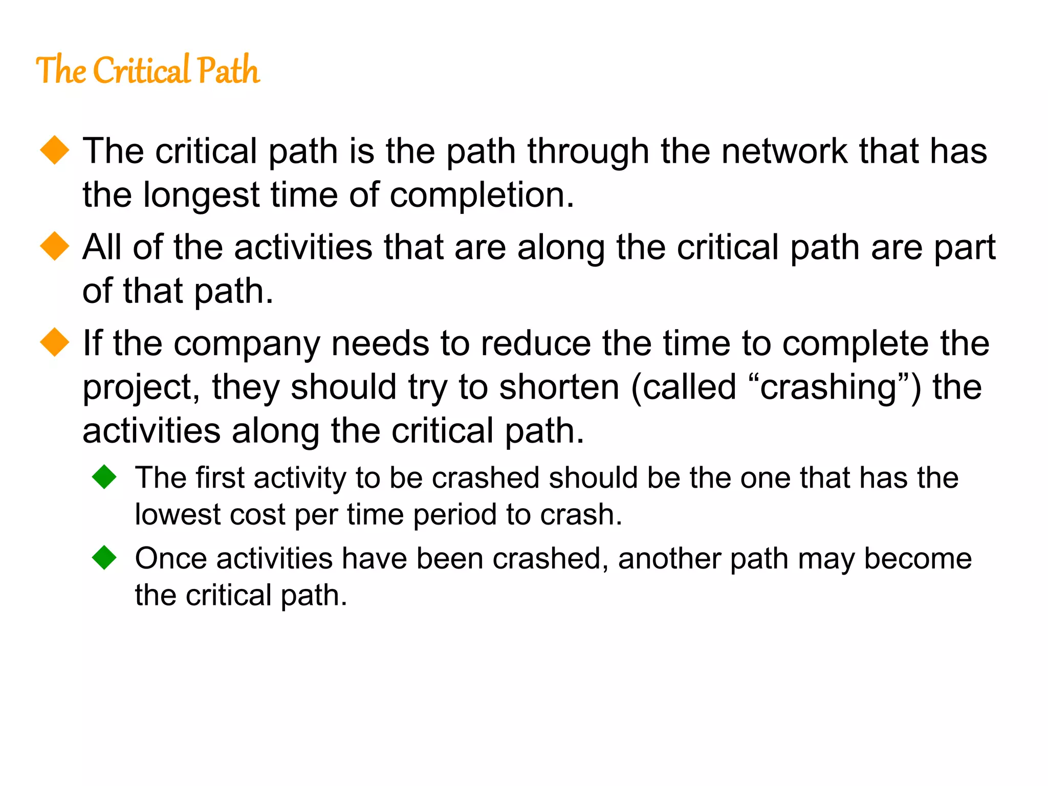 220
220
The Critical Path
 The critical path is the path through the network that has
the longest time of completion.
 All of the activities that are along the critical path are part
of that path.
 If the company needs to reduce the time to complete the
project, they should try to shorten (called “crashing”) the
activities along the critical path.
 The first activity to be crashed should be the one that has the
lowest cost per time period to crash.
 Once activities have been crashed, another path may become
the critical path.
 
