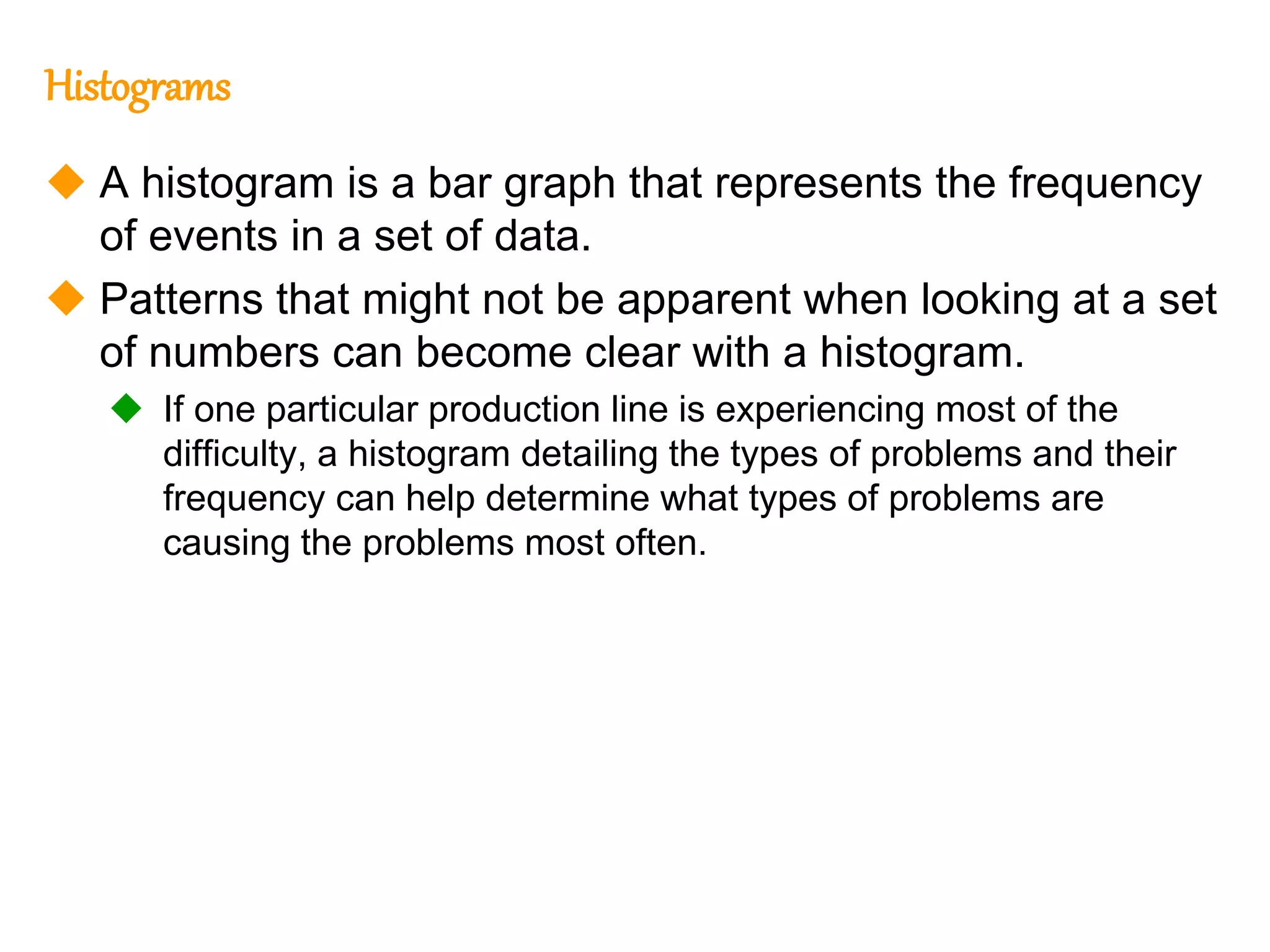 223
223
Histograms
 A histogram is a bar graph that represents the frequency
of events in a set of data.
 Patterns that might not be apparent when looking at a set
of numbers can become clear with a histogram.
 If one particular production line is experiencing most of the
difficulty, a histogram detailing the types of problems and their
frequency can help determine what types of problems are
causing the problems most often.
 