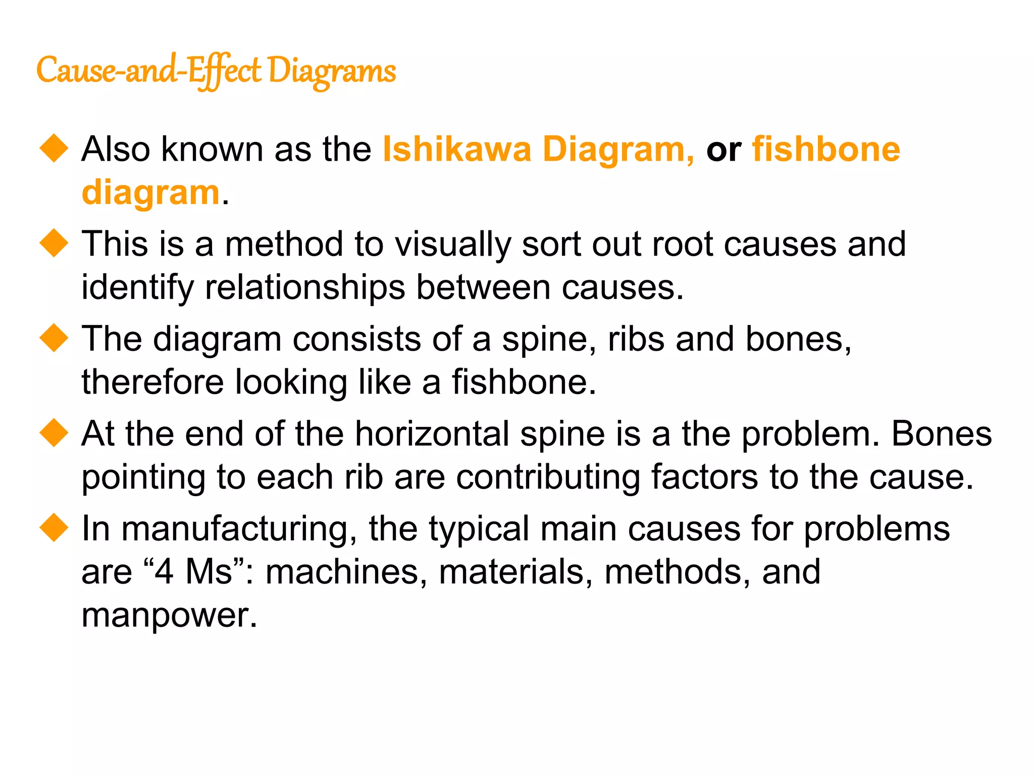 225
225
Cause-and-Effect Diagrams
 Also known as the Ishikawa Diagram, or fishbone
diagram.
 This is a method to visually sort out root causes and
identify relationships between causes.
 The diagram consists of a spine, ribs and bones,
therefore looking like a fishbone.
 At the end of the horizontal spine is a the problem. Bones
pointing to each rib are contributing factors to the cause.
 In manufacturing, the typical main causes for problems
are “4 Ms”: machines, materials, methods, and
manpower.
 