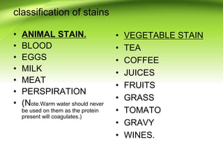 classification of stains
• ANIMAL STAIN.
• BLOOD
• EGGS
• MILK
• MEAT
• PERSPIRATION
• (Note.Warm water should never
be used on them as the protein
present will coagulates.)
• VEGETABLE STAIN
• TEA
• COFFEE
• JUICES
• FRUITS
• GRASS
• TOMATO
• GRAVY
• WINES.
 