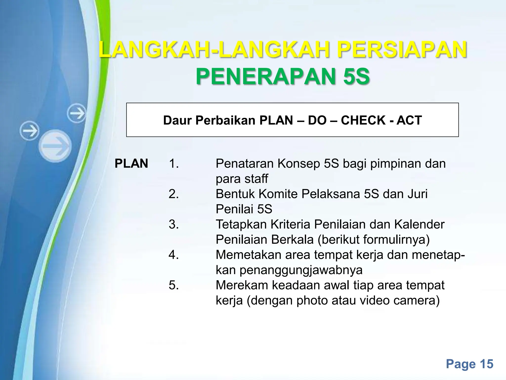 Powerpoint Templates
Page 15
LANGKAH-LANGKAH PERSIAPAN
PENERAPAN 5S
Daur Perbaikan PLAN – DO – CHECK - ACT
PLAN 1. Penataran Konsep 5S bagi pimpinan dan
para staff
2. Bentuk Komite Pelaksana 5S dan Juri
Penilai 5S
3. Tetapkan Kriteria Penilaian dan Kalender
Penilaian Berkala (berikut formulirnya)
4. Memetakan area tempat kerja dan menetap-
kan penanggungjawabnya
5. Merekam keadaan awal tiap area tempat
kerja (dengan photo atau video camera)
 