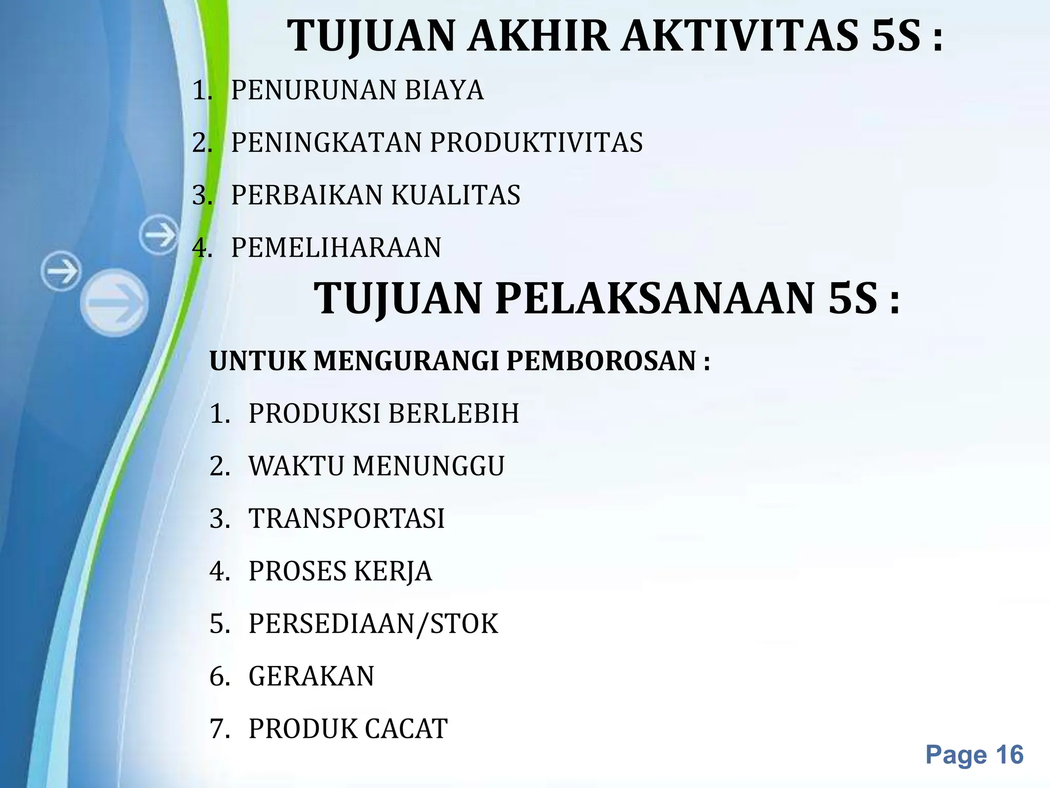 Powerpoint Templates
Page 16
TUJUAN AKHIR AKTIVITAS 5S :
1. PENURUNAN BIAYA
2. PENINGKATAN PRODUKTIVITAS
3. PERBAIKAN KUALITAS
4. PEMELIHARAAN
TUJUAN PELAKSANAAN 5S :
UNTUK MENGURANGI PEMBOROSAN :
1. PRODUKSI BERLEBIH
2. WAKTU MENUNGGU
3. TRANSPORTASI
4. PROSES KERJA
5. PERSEDIAAN/STOK
6. GERAKAN
7. PRODUK CACAT
 