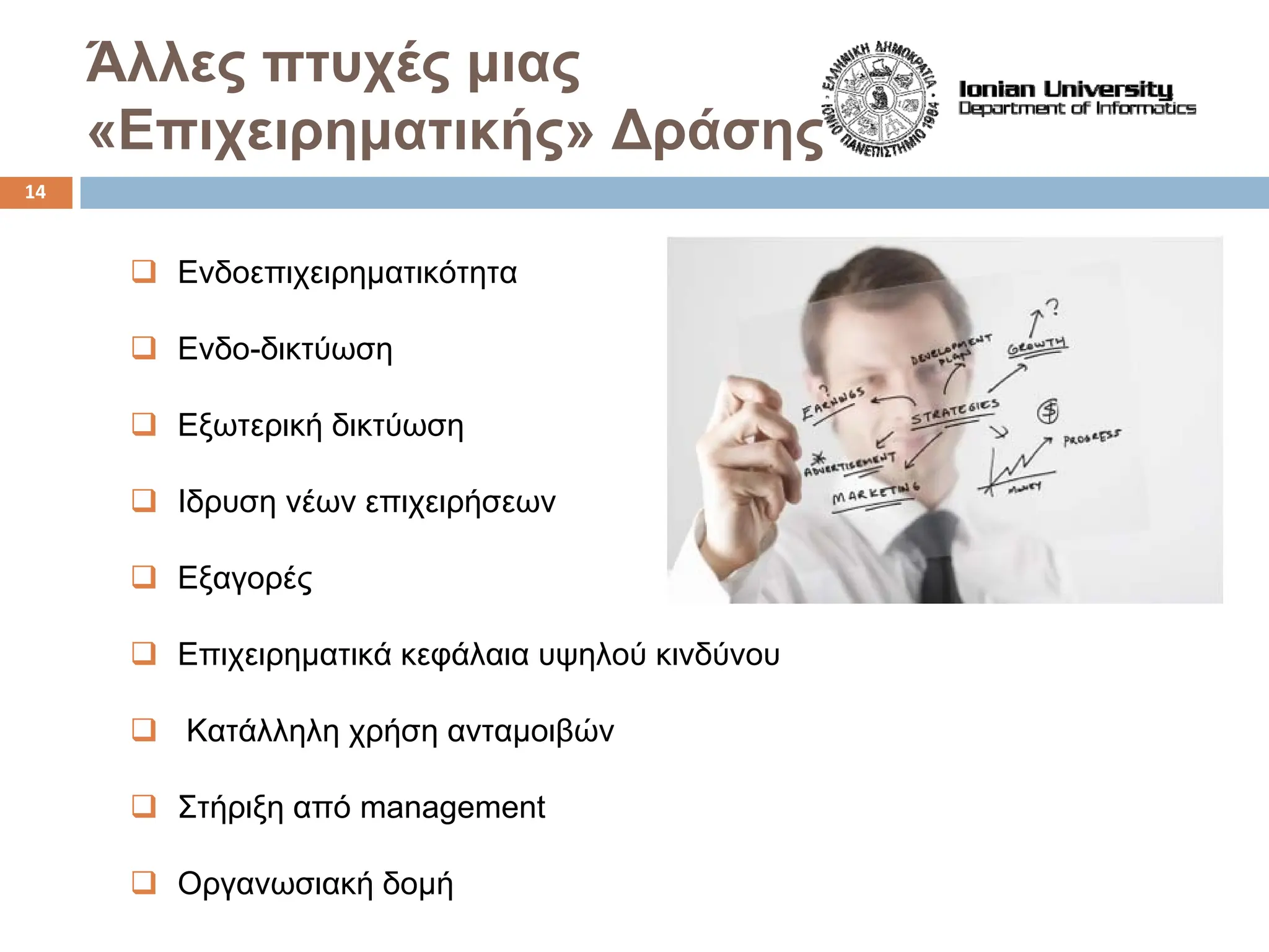 Άλλες πτυχές μιας
«Επιχειρηματικής» Δράσης
‰ Ενδοεπιχειρηματικότητα
‰ Ενδο-δικτύωση
‰ Εξωτερική δικτύωση
‰ Ιδρυση νέων επιχειρήσεων
‰ Εξαγορές
‰ Επιχειρηματικά κεφάλαια υψηλού κινδύνου
‰ Κατάλληλη χρήση ανταμοιβών
‰ Στήριξη από management
‰ Οργανωσιακή δομή
14
 