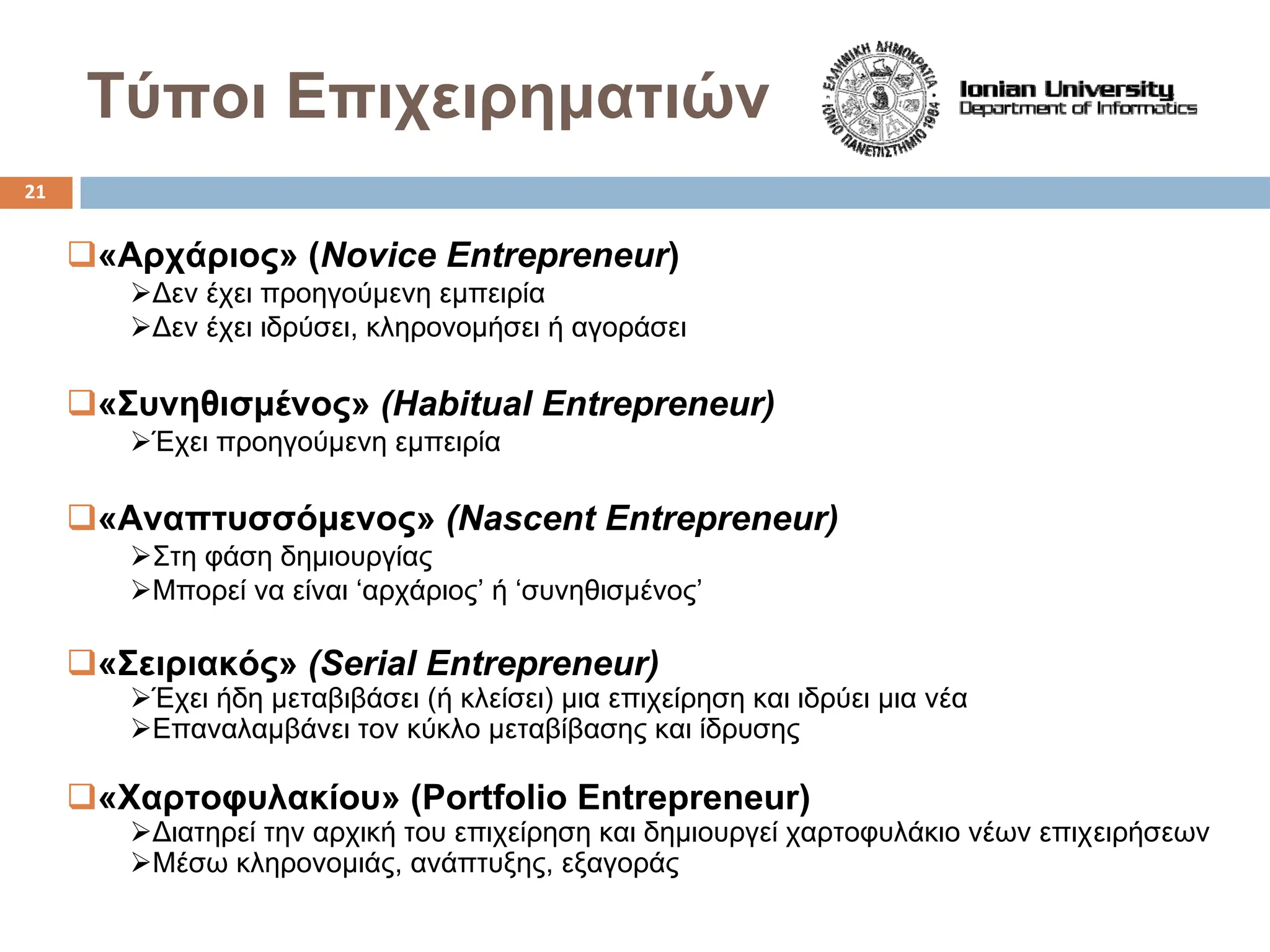 Τύποι Επιχειρηματιών
‰«Αρχάριος» (Novice Entrepreneur)
¾Δεν έχει προηγούμενη εμπειρία
¾Δεν έχει ιδρύσει, κληρονομήσει ή αγοράσει
‰«Συνηθισμένος» (Habitual Entrepreneur)
¾Έχει προηγούμενη εμπειρία
‰«Αναπτυσσόμενος» (Nascent Entrepreneur)
¾Στη φάση δημιουργίας
¾Μπορεί να είναι ‘αρχάριος’ ή ‘συνηθισμένος’
‰«Σειριακός» (Serial Entrepreneur)
¾Έχει ήδη μεταβιβάσει (ή κλείσει) μια επιχείρηση και ιδρύει μια νέα
¾Επαναλαμβάνει τον κύκλο μεταβίβασης και ίδρυσης
‰«Χαρτοφυλακίου» (Portfolio Entrepreneur)
¾Διατηρεί την αρχική του επιχείρηση και δημιουργεί χαρτοφυλάκιο νέων επιχειρήσεων
¾Μέσω κληρονομιάς, ανάπτυξης, εξαγοράς
21
 