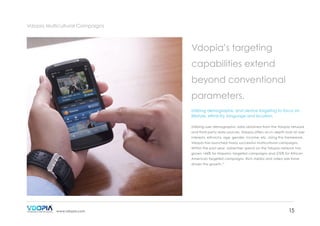 Vdopia Multicultural Campaigns

Vdopia’s targeting
capabilities extend
beyond conventional
parameters.
Utilizing demographic and device targeting to focus on
lifestyle, ethnicity, language and location.
Utilizing user demographic data obtained from the Vdopia network
and third party data sources, Vdopia offers an in-depth look at user
interests, ethnicity, age, gender, income, etc. Using this framework,
Vdopia has launched many successful multicultural campaigns.
Within the past year, advertiser spend on the Vdopia network has
grown 146% for Hispanic targeted campaigns and 276% for African
American targeted campaigns. Rich media and video ads have
driven this growth.12

www.vdopia.com

15

 