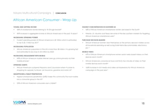 Vdopia Multicultural Campaigns |

CONCLUSION

African American Consumer - Wrap Up
YOUNG AND GETTING RICHER

HIGHEST CONCENTRATION IN SOUTHERN US

•	

46% of smartphone owners belong to 18-34 age bracket5

•	

56% of African American smartphone owners are based in the South5

•	

45% increase in aggregate income of African Americans in the past 10 years13

•	

Atlanta, LA, Houston and Texas are some of the key southern markets for targeting
African American smartphone users15

INCREASING SPENDING POWER
Current spending power of African Americans is $1 trillion which is estimated

PURCHASE DECISION MAKERS

to rise to $1.7 trillion by 2017

•	

•	

2

all household spending as well as big ticket items like automobiles, electronics

INCREASING POPULATION
•	

INCREASING ENGAGEMENT WITH MOBILE
•	

etc.13

African American population in the US is more than 38 million. It is growing fast
and estimated to be close to 50 million by 20251

MOBILE VIDEO
•	

•	

African Americans consume six hours and forty two minutes of video on their
mobile devices each month4

SPENDING HABITS
•	

47% of African American smartphone owners watch web-based videos on their
devices each month5

43% of African American mobile internet users go online primarily via their
mobile phones3

African American women view themselves as the primary decision makers across

African Americans outspend Hispanics and Caucasians when it comes to
shopping for apparel, furniture, car insurance, gasoline and motor oil14

•	

166% increase in rich media and video ad impressions for African American
campaigns in the past year12

SMARTPHONE & TABLET PENETRATION
•	

Highest smartphone penetration (64%) makes this community the most mobile
savvy consumer group in the US10

•	

32% of African American consumers own a tablet10

www.vdopia.com

18

 
