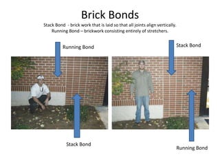 Brick Bonds Stack Bond  - brick work that is laid so that all joints align vertically. Running Bond – brickwork consisting entirely of stretchers. Stack Bond Running Bond Running Bond Stack Bond 