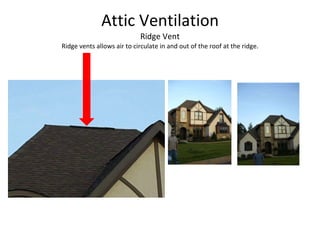 Attic Ventilation Ridge Vent Ridge vents allows air to circulate in and out of the roof at the ridge. 