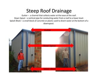 Steep Roof Drainage Gutter –  a channel that collects water at the eave of the roof. Down Spout – a vertical pipe for conducting water from a roof to a lower level. Splash Block – a small block of concrete or plastic used to divert water at the bottom of a downspout.  Gutter Down Spout Splash Block 