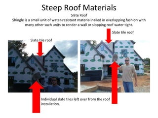 Steep Roof Materials Slate Roof Shingle is a small unit of water-resistant material nailed in overlapping fashion with many other such units to render a wall or slopping roof water tight. Slate tile roof  Slate tile roof  Individual slate tiles left over from the roof installation. 