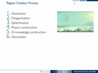 Pier Luca Lanzi
Region Creation Process
1. Generation
2. Polygonisation
3. Spherification
4. Physics construction
5. AI knowledge construction
6. Decoration
51
 