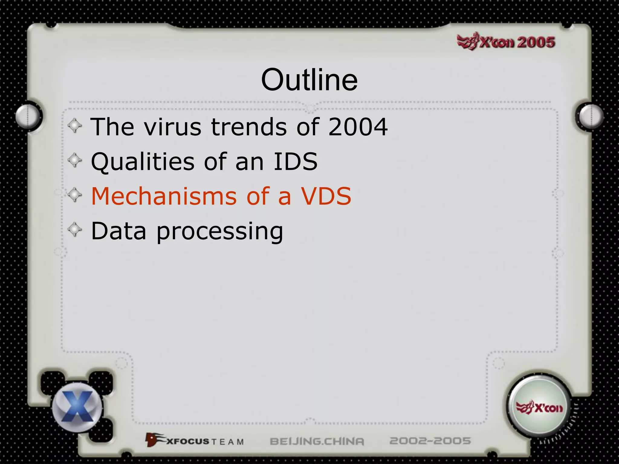 Outline
The virus trends of 2004
Qualities of an IDS
Mechanisms of a VDS
Data processing
 