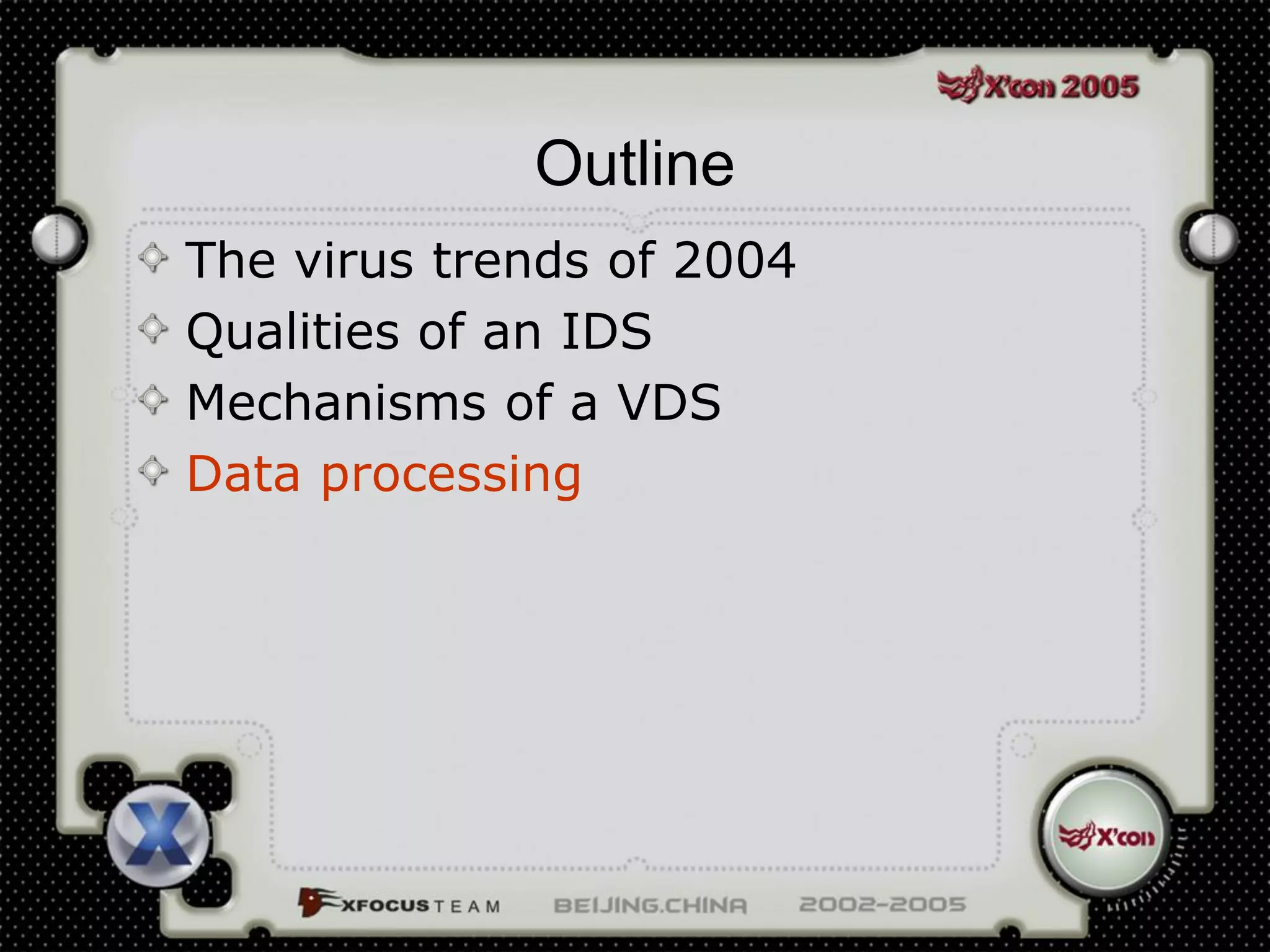 Outline
The virus trends of 2004
Qualities of an IDS
Mechanisms of a VDS
Data processing
 
