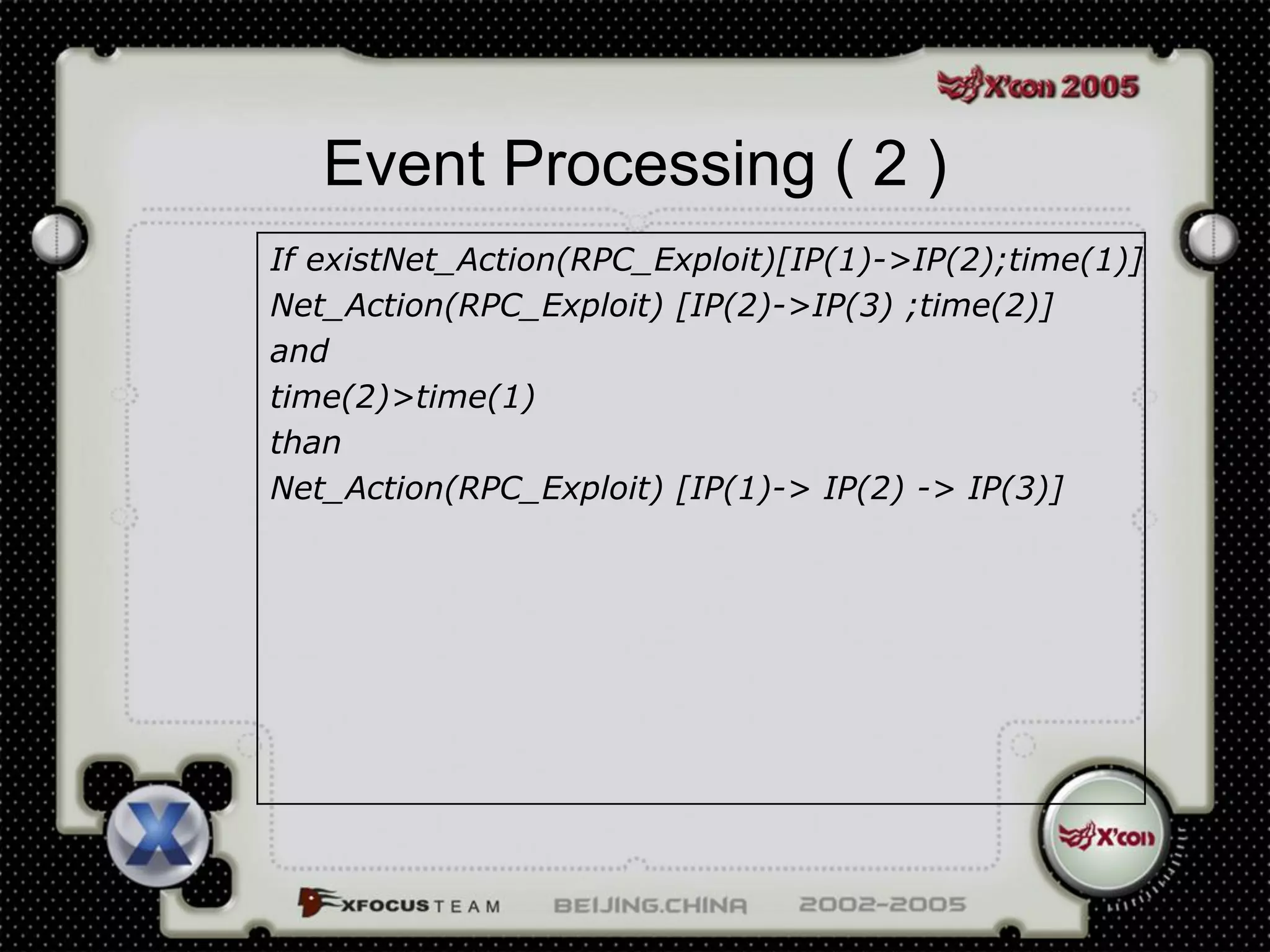 Event Processing ( 2 )
If existNet_Action(RPC_Exploit)[IP(1)->IP(2);time(1)]
Net_Action(RPC_Exploit) [IP(2)->IP(3) ;time(2)]
and
time(2)>time(1)
than
Net_Action(RPC_Exploit) [IP(1)-> IP(2) -> IP(3)]
 