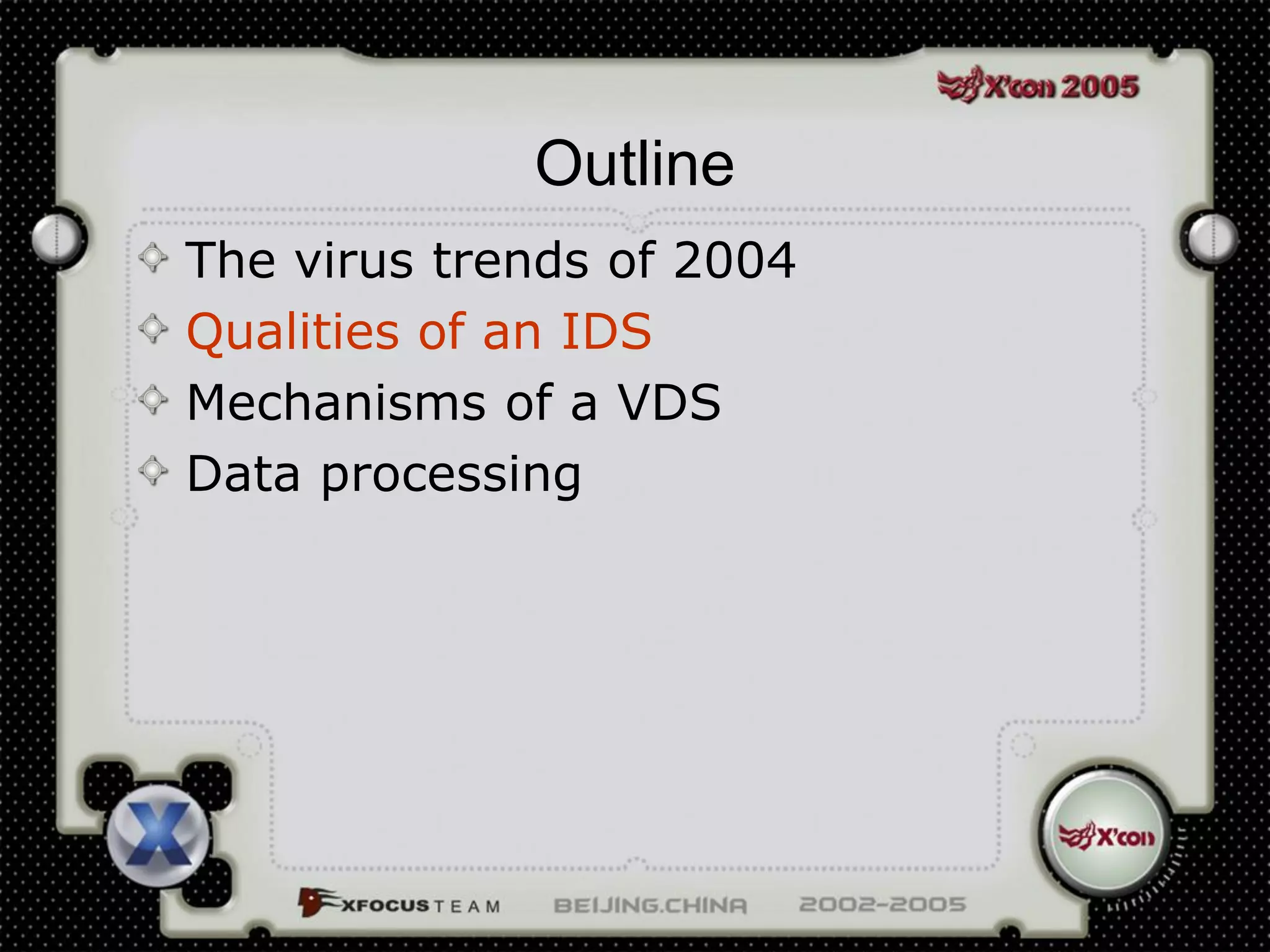 Outline
The virus trends of 2004
Qualities of an IDS
Mechanisms of a VDS
Data processing
 