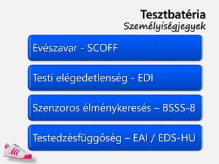 Tesztbatéria
Személyiségjegyek
Evészavar - SCOFF
Testi elégedetlenség - EDI
Szenzoros élménykeresés – BSSS-8
Testedzésfüggőség – EAI / EDS-HU
 