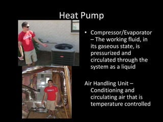 Heat PumpCompressor/Evaporator – The working fluid, in its gaseous state, is pressurized and circulated through the system as a liquidAir Handling Unit – Conditioning and circulating air that is temperature controlled