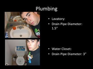 PlumbingLavatory:Drain Pipe Diameter: 1.5”Water Closet:Drain Pipe Diameter: 3”