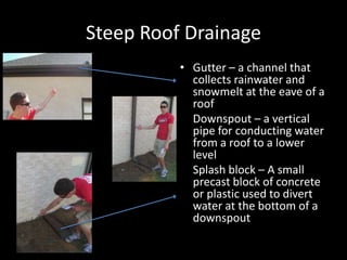 Steep Roof DrainageGutter – a channel that collects rainwater and snowmelt at the eave of a roof	Downspout – a vertical pipe for conducting water from a roof to a lower level	Splash block – A small precast block of concrete or plastic used to divert water at the bottom of a downspout