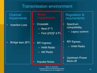 VDSL for Triple Play
Copyright 2010 Fernando Ramirez-Mireles
ramirezm@ieee.org, framirez@itam.mx
23
Transmission environment
• Crosstalk:
– Next (f1.5)
– Fext (|H(f)|2 d f2)
• RFI Ingress:
– HAM Radio
– AM Radio
• Impulse Noise.
Noise
Impairments
Channel
Impairments
• Insertion Loss
• Bridge taps (BT)
Regulation &
requirements
• Spectrum
compatibility.
– Legacy systems
• RFI Egress.
– HAM Radio
• Upstream Power
Back-off
 