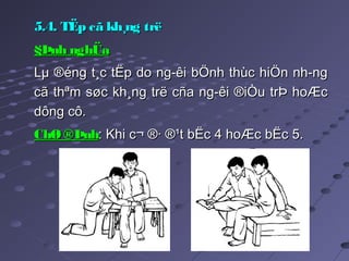 5.4. TËp cã kh¸ng trë5.4. TËp cã kh¸ng trë
§Þnh nghÜa§Þnh nghÜa
Lµ ®éng t¸c tËp do ng­êi bÖnh thùc hiÖn nh­ngLµ ®éng t¸c tËp do ng­êi bÖnh thùc hiÖn nh­ng
cã thªm søc kh¸ng trë cña ng­êi ®iÒu trÞ hoÆccã thªm søc kh¸ng trë cña ng­êi ®iÒu trÞ hoÆc
dông cô.dông cô.
ChØ®ÞnhChØ®Þnh: Khi c¬ ®· ®¹t bËc 4 hoÆc bËc 5.: Khi c¬ ®· ®¹t bËc 4 hoÆc bËc 5.
 
