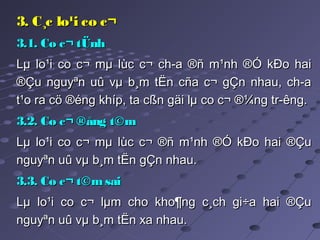 3. C¸c lo¹i co c¬3. C¸c lo¹i co c¬
3.1. Co c¬ tÜnh3.1. Co c¬ tÜnh  
Lµ lo¹i co c¬ mµ lùc c¬ ch­a ®ñ m¹nh ®Ó kÐo haiLµ lo¹i co c¬ mµ lùc c¬ ch­a ®ñ m¹nh ®Ó kÐo hai
®Çu nguyªn uû vµ b¸m tËn cña c¬ gÇn nhau, ch­a®Çu nguyªn uû vµ b¸m tËn cña c¬ gÇn nhau, ch­a
t¹o ra cö ®éng khíp, ta cßn gäi lµ co c¬ ®¼ng tr­êng.t¹o ra cö ®éng khíp, ta cßn gäi lµ co c¬ ®¼ng tr­êng.
3.2. Co c¬ ®ång t©m3.2. Co c¬ ®ång t©m  
Lµ lo¹i co c¬ mµ lùc c¬ ®ñ m¹nh ®Ó kÐo hai ®ÇuLµ lo¹i co c¬ mµ lùc c¬ ®ñ m¹nh ®Ó kÐo hai ®Çu
nguyªn uû vµ b¸m tËn gÇn nhau.nguyªn uû vµ b¸m tËn gÇn nhau.
3.3. Co c¬ t©msai3.3. Co c¬ t©msai  
Lµ lo¹i co c¬ lµm cho kho¶ng c¸ch gi÷a hai ®ÇuLµ lo¹i co c¬ lµm cho kho¶ng c¸ch gi÷a hai ®Çu
nguyªn uû vµ b¸m tËn xa nhau.nguyªn uû vµ b¸m tËn xa nhau.
 
