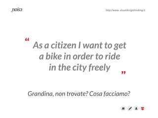“
”
http://www. visualdesignthinking.it
As a citizen I want to get
a bike in order to ride
in the city freely
Grandina, non trovate? Cosa facciamo?
 