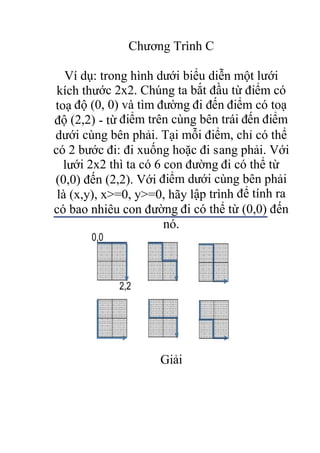 Chương Trình C
Ví dụ: trong hình dưới biểu diễn một lưới
kích thước 2x2. Chúng ta bắt đầu từ điểm có
toạ độ (0, 0) và tìm đường đi đến điểm có toạ
độ (2,2) - từ điểm trên cùng bên trái đến điểm
dưới cùng bên phải. Tại mỗi điểm, chỉ có thể
có 2 bước đi: đi xuống hoặc đi sang phải. Với
lưới 2x2 thì ta có 6 con đường đi có thể từ
(0,0) đến (2,2). Với điểm dưới cùng bên phải
là (x,y), x>=0, y>=0, hãy lập trình để tính ra
có bao nhiêu con đường đi có thể từ (0,0) đến
nó.
Giải
 